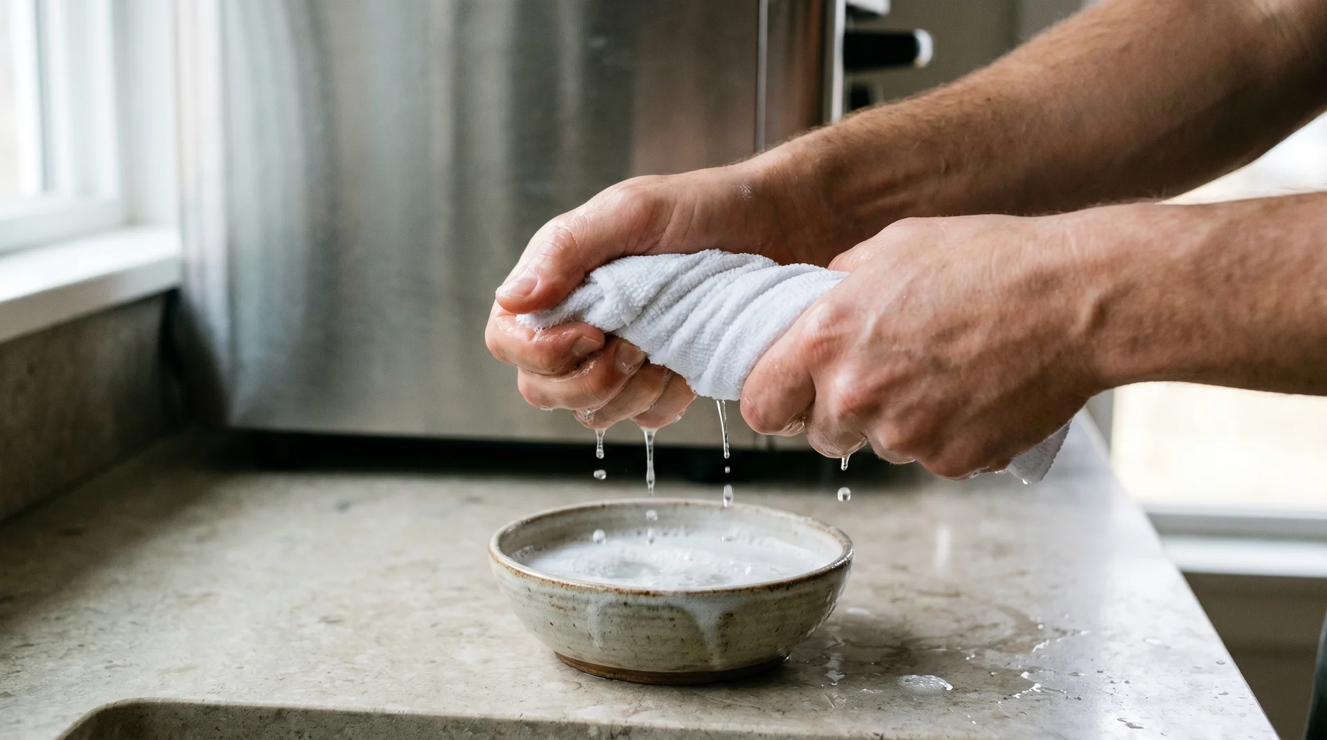 Hands wringing a microfiber cloth over soapy water before cleaning a stainless steel appliance