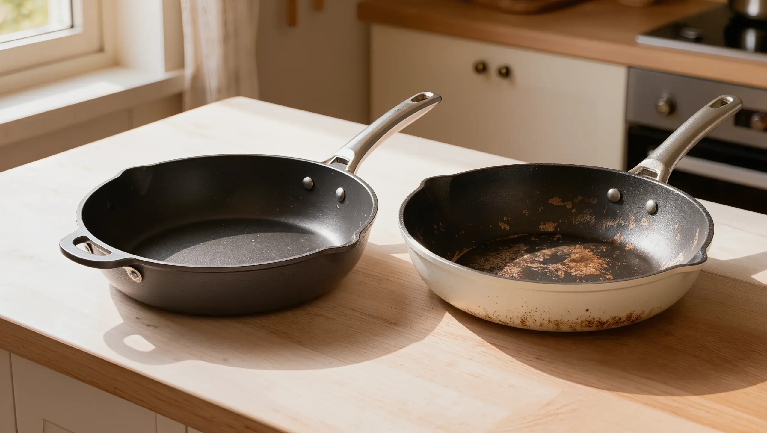 Hard anodized skillet in solid condition beside worn nonstick pan with degraded coating, showing body versus coating durability difference