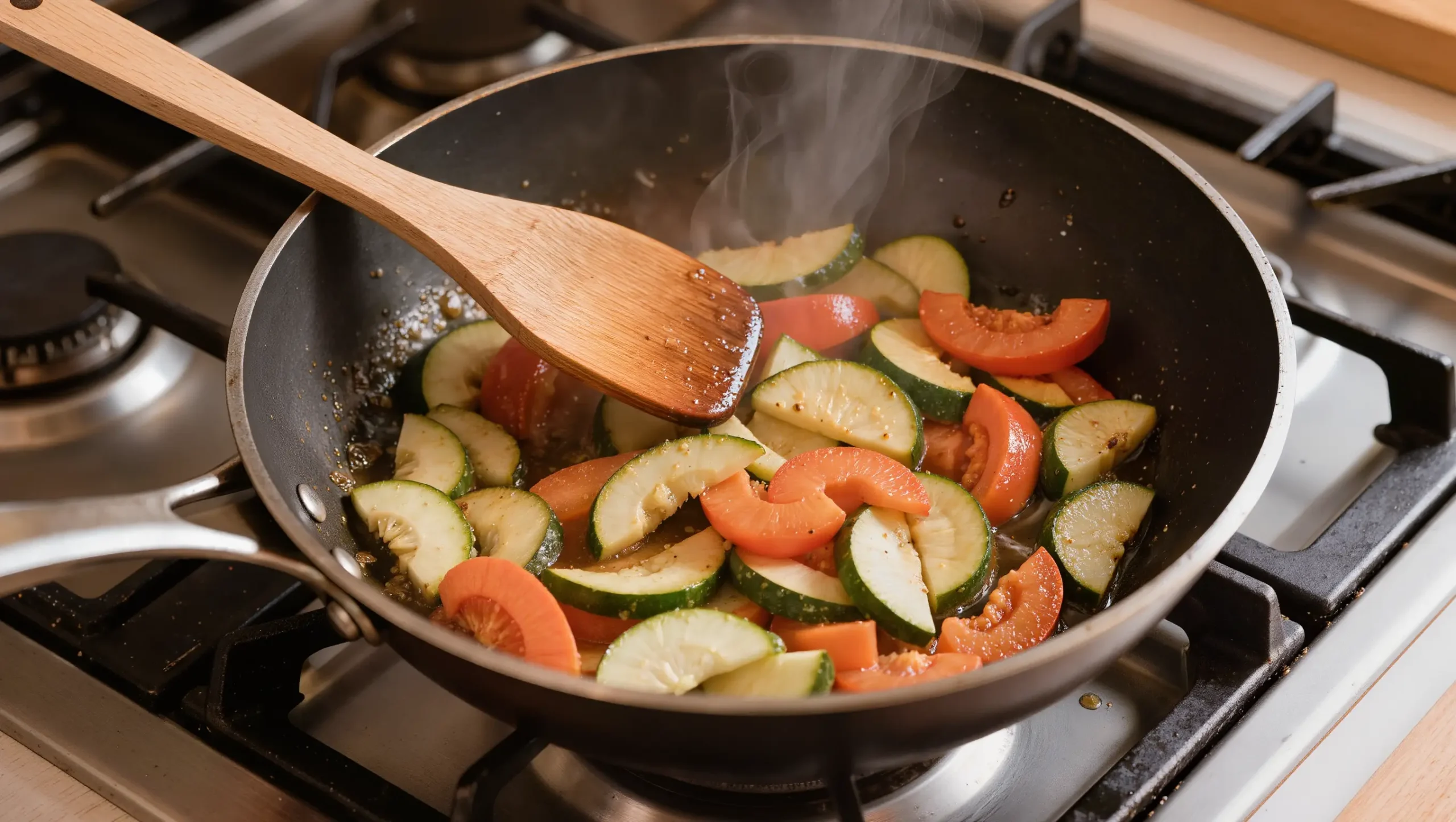 Hard anodized skillet on gas burner at medium heat, vegetables sautéing, wooden spatula resting on rim
