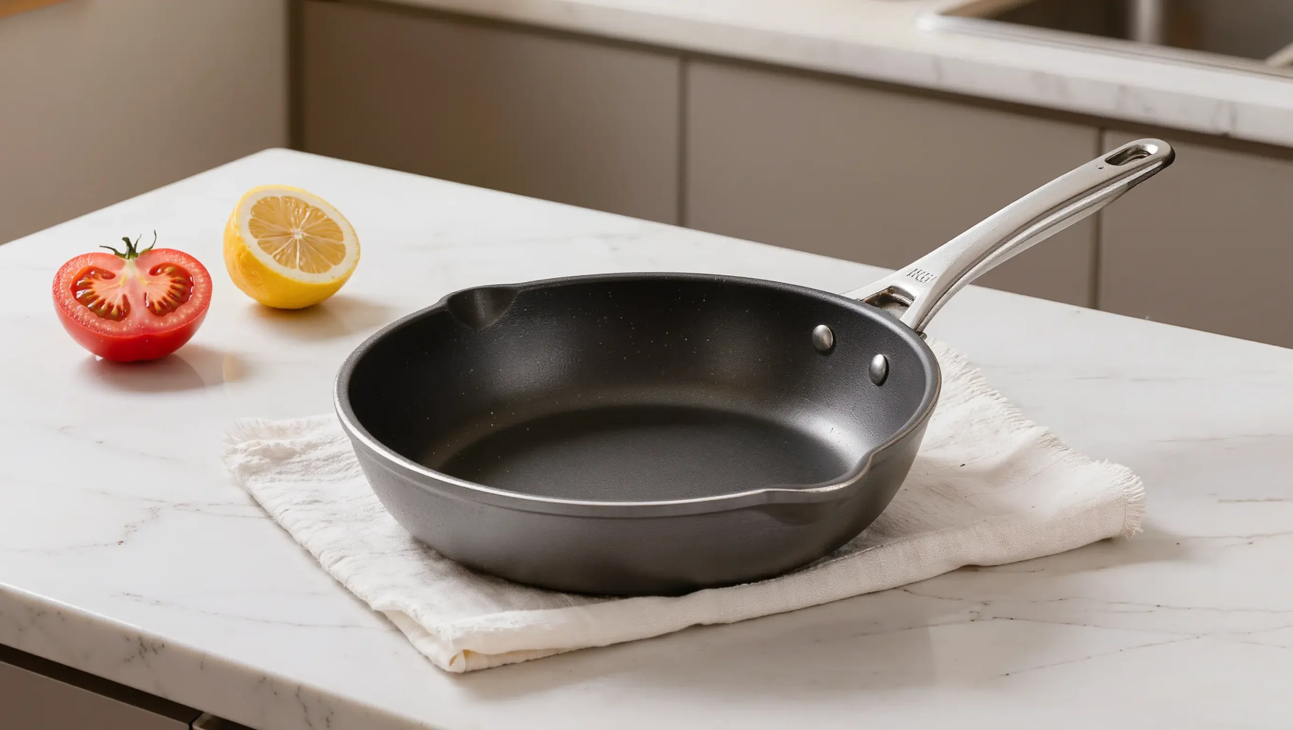 Hard anodized skillet on linen cloth with tomato and lemon beside it showing non-reactive surface, diffused natural light