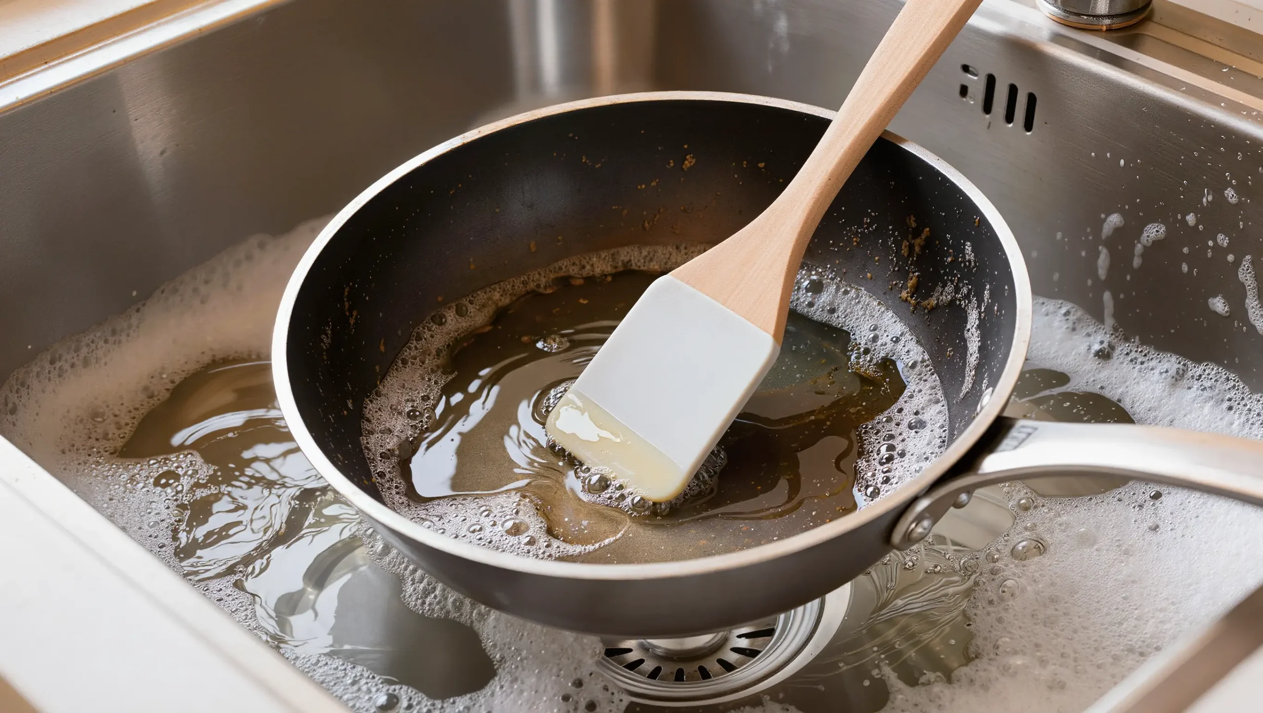 Hard anodized skillet soaking in warm soapy water with silicone spatula, showing correct gentle residue removal method