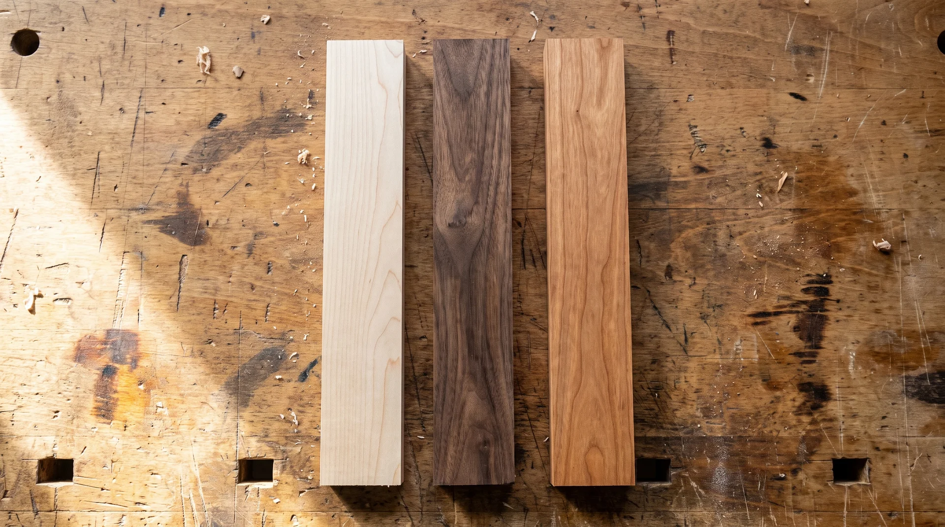 Hard maple, black walnut, and cherry hardwood strips side by side showing tonal range for cutting board design