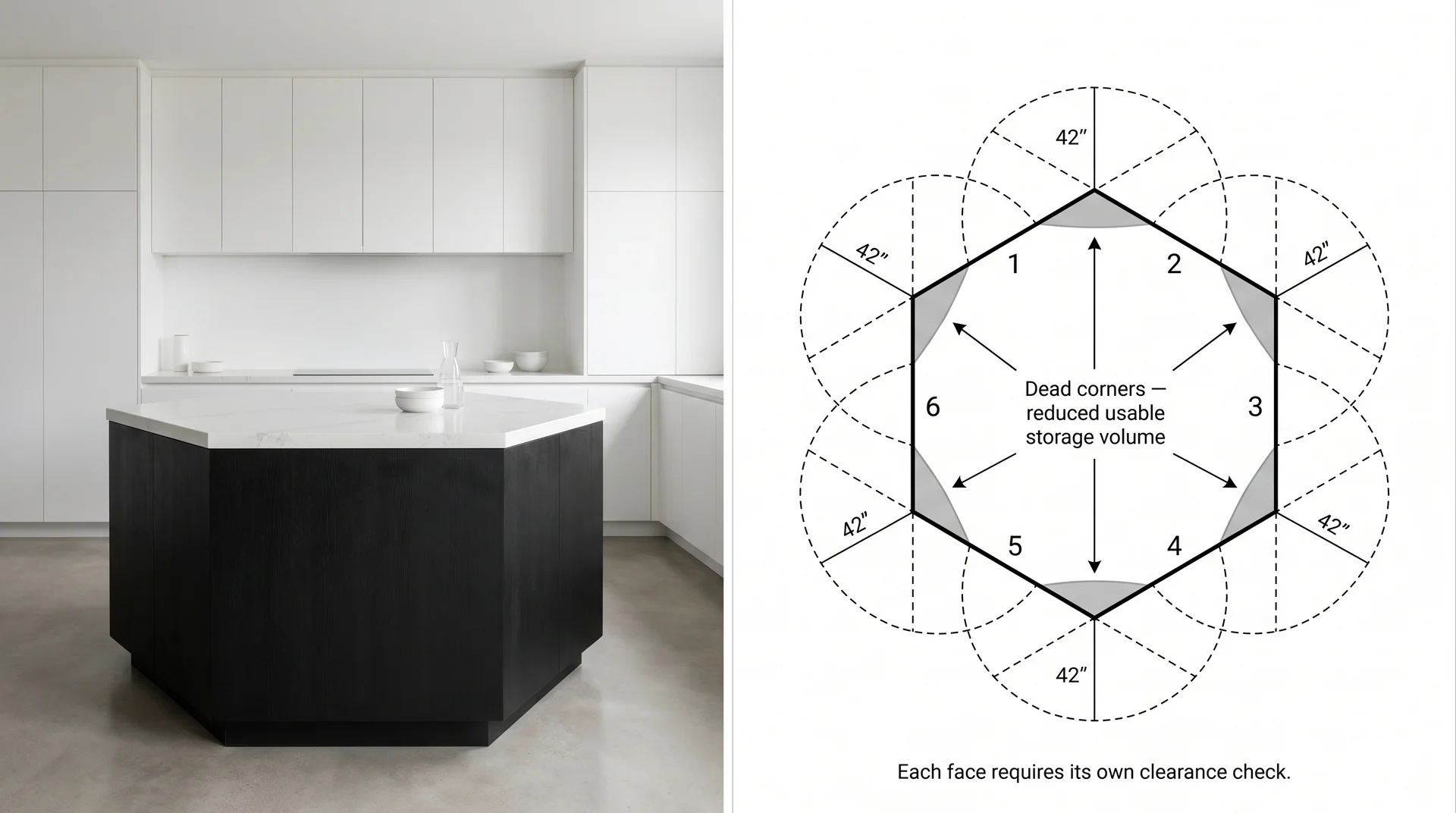Hexagonal kitchen island as sole visual hero in a quiet kitchen beside a plan showing six clearance zones and corner storage loss