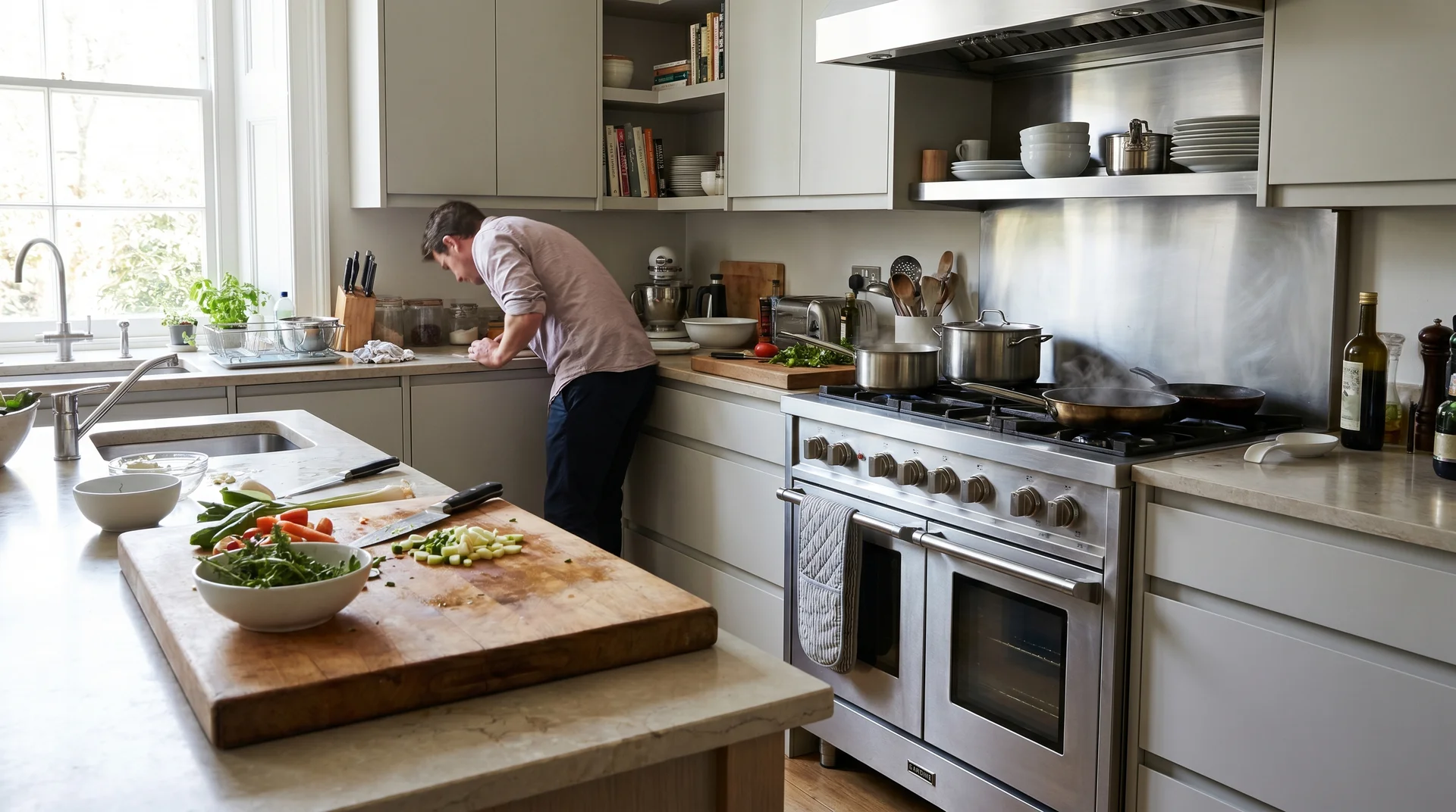 Home kitchen with clear prep surface beside a professional-style range during active meal preparation