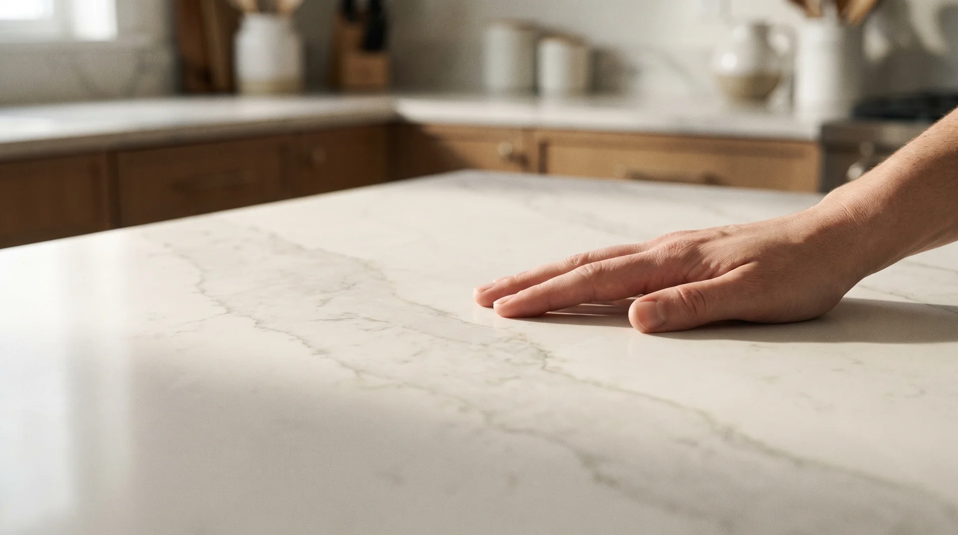 Honed quartz island countertop with natural gray veining and matte finish under raking light