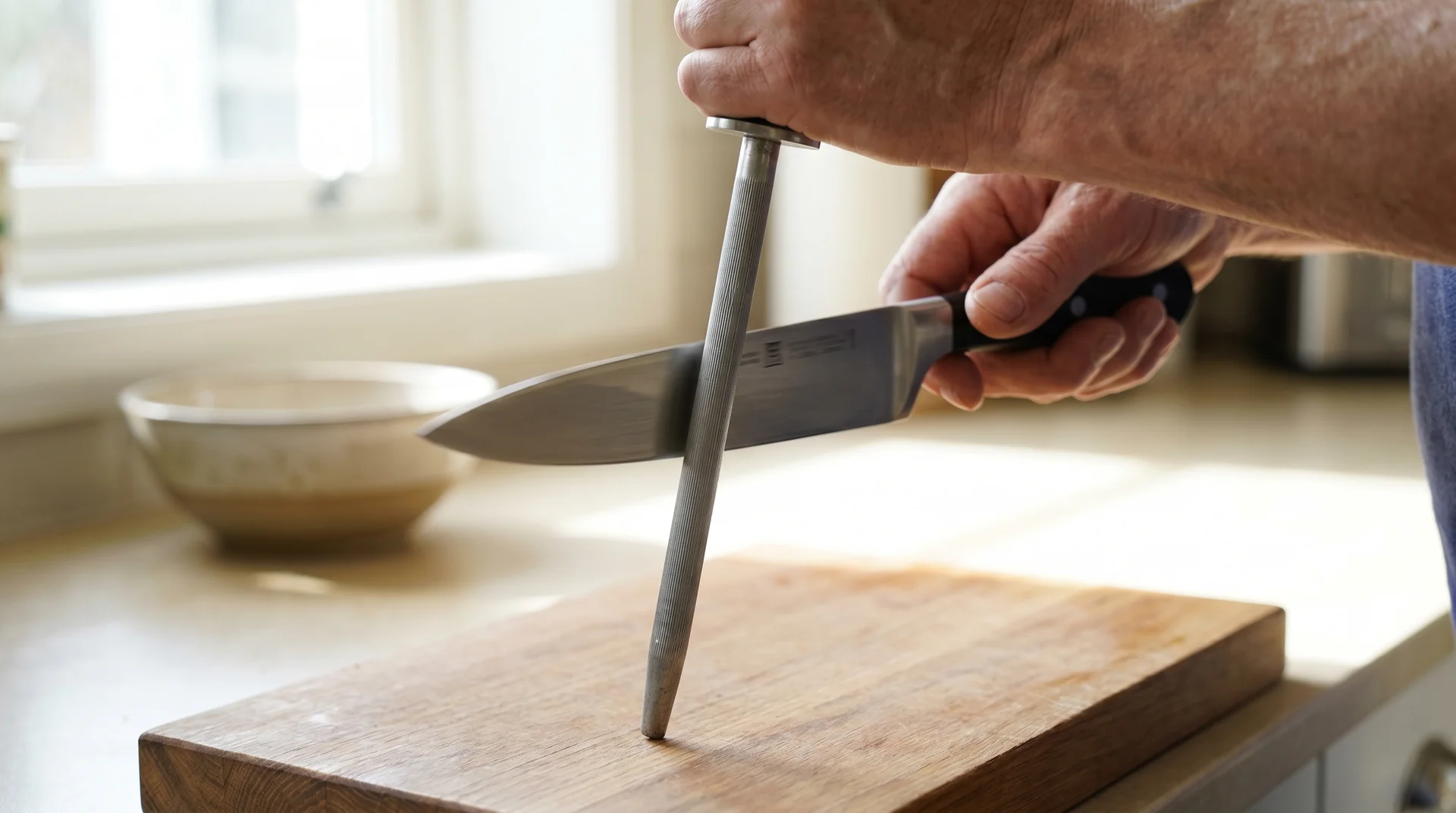 Honing a carving knife on a honing steel with the edge angled safely away from the body