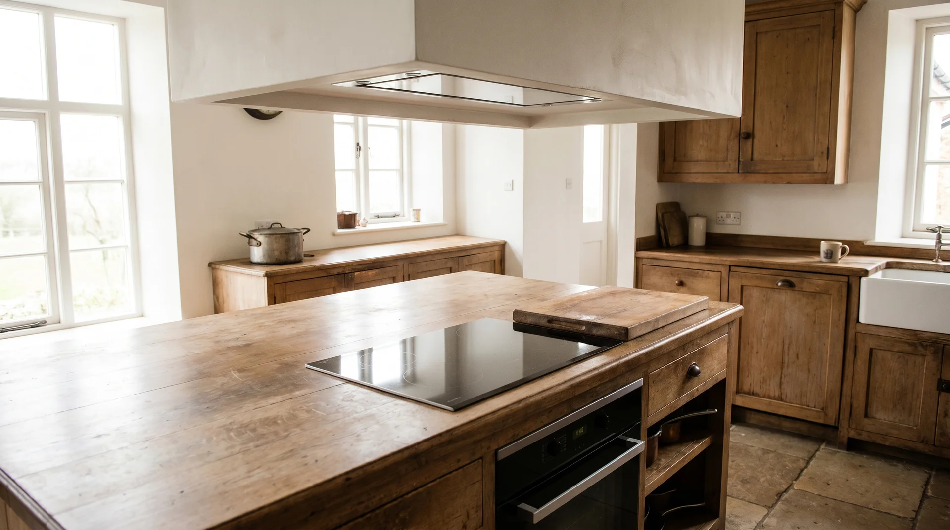 Induction cooktop centered on a kitchen island with ceiling-mounted ventilation hood