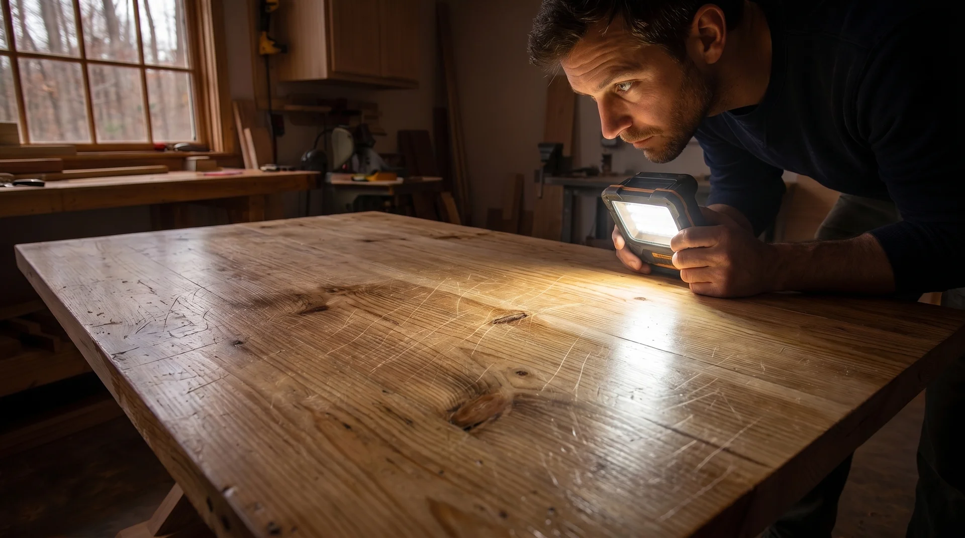 Inspecting a tabletop under raking light before finishing