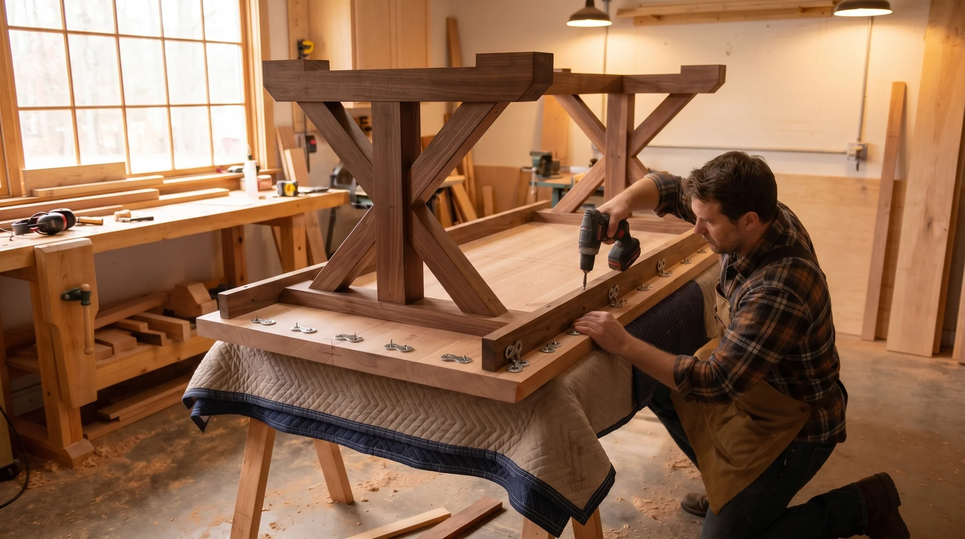 Installing figure-8 fasteners on a farmhouse table base