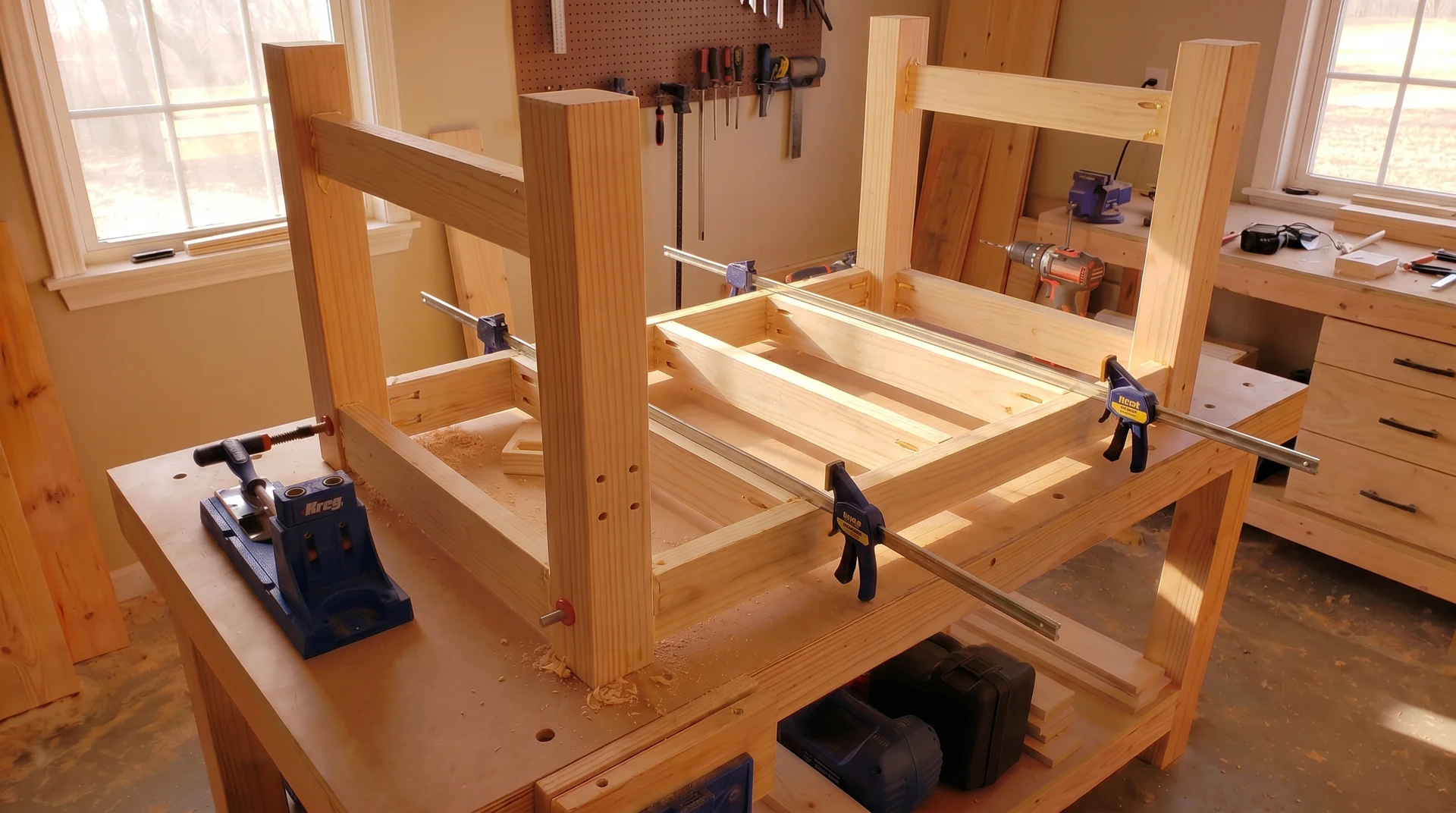 Installing interior support boards in a farmhouse table base