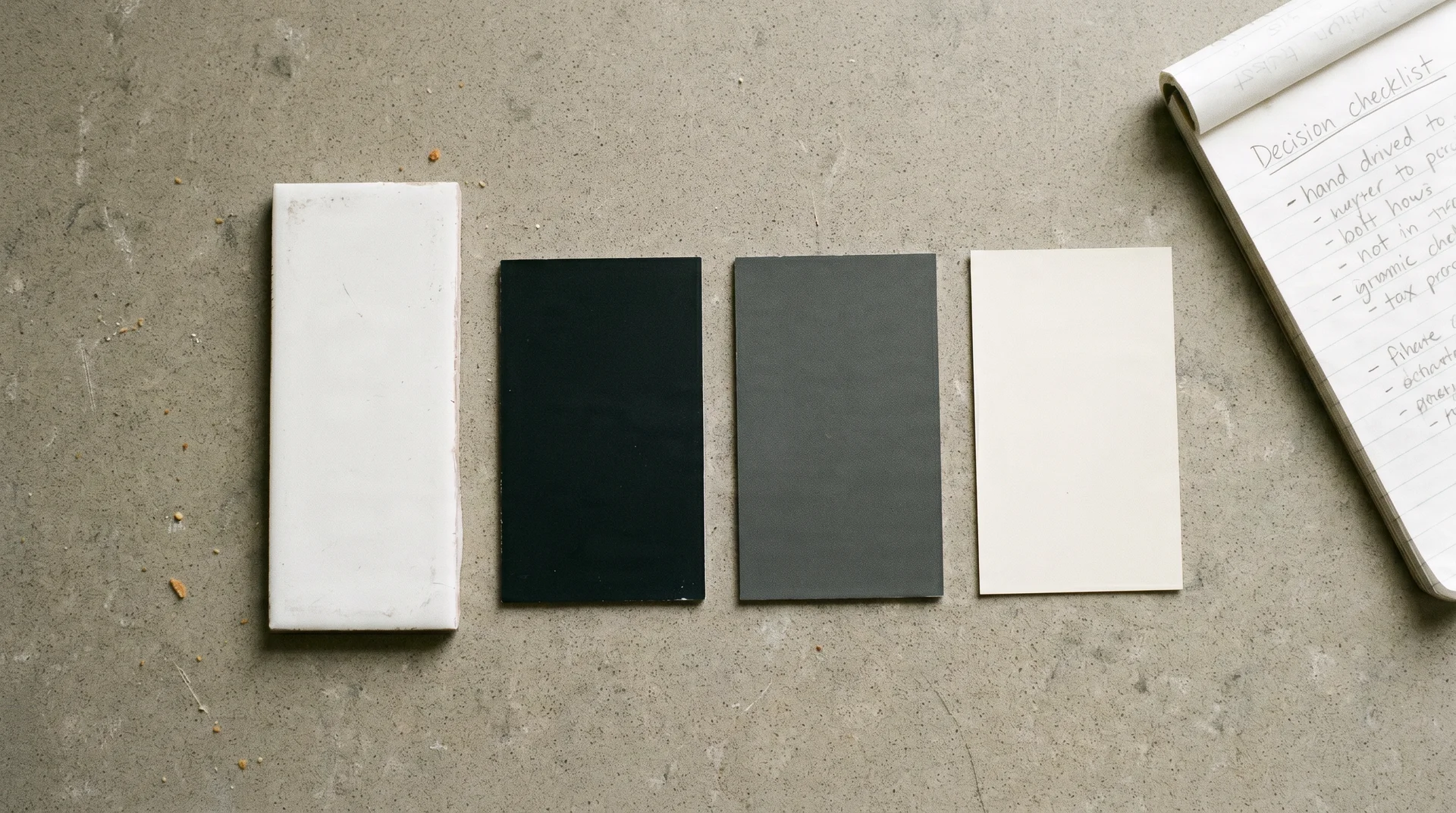 Kitchen backsplash decision materials laid out — white tile sample, black and charcoal grout chips, paint swatch