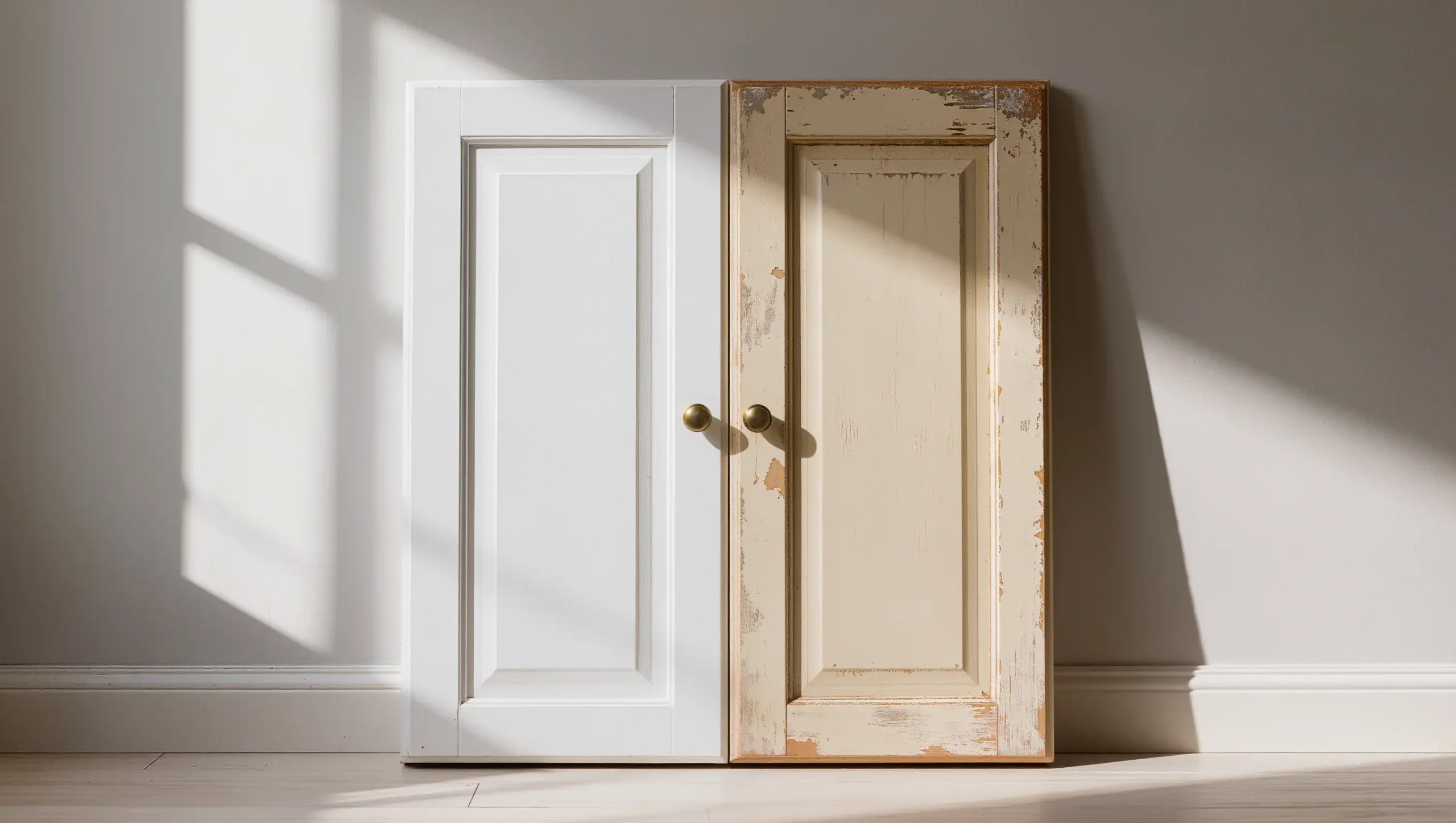 Kitchen cabinet door showing old paint beside a fresh repaint, natural light