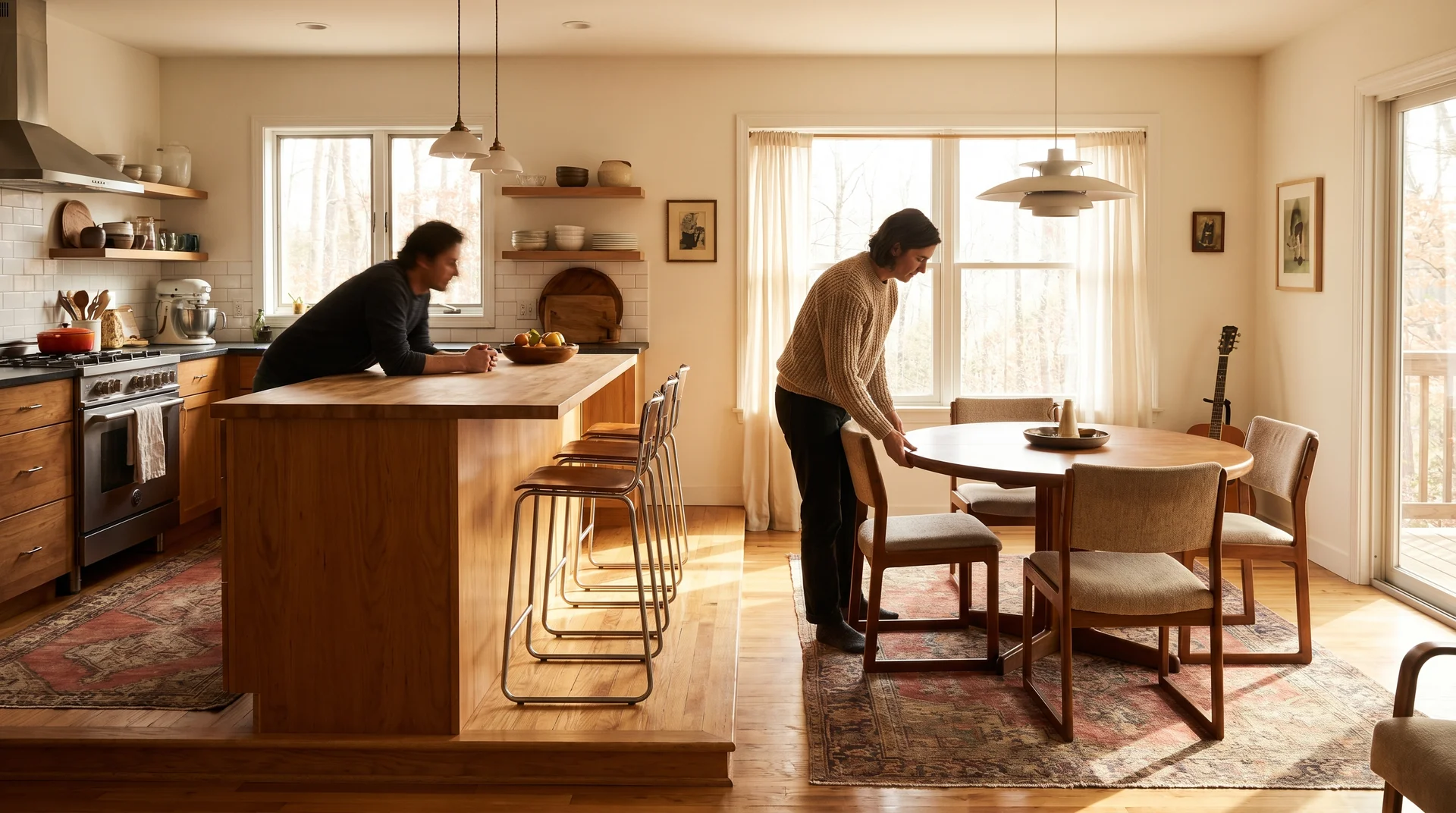 Kitchen island and dining table at different heights in one room