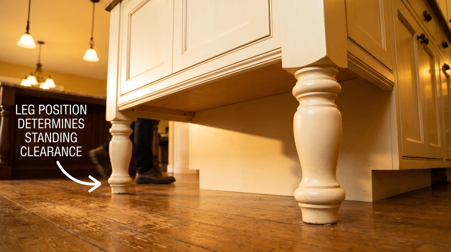 Kitchen island furniture-style turned legs visible to floor with working side leg position annotated