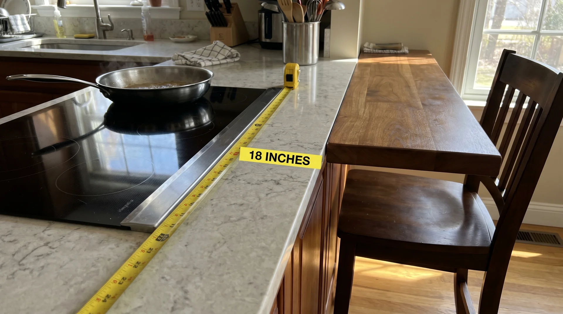 Kitchen island showing 18-inch clearance between induction cooktop and barstool seating overhang
