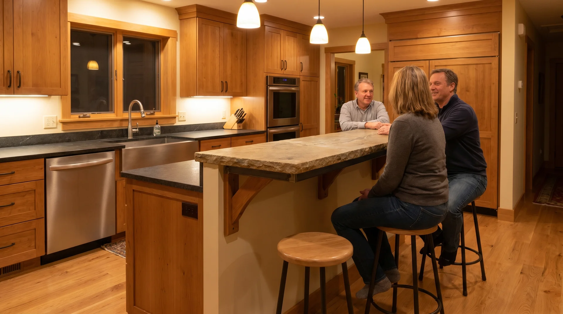 Kitchen island with comfortable knee clearance for stool seating