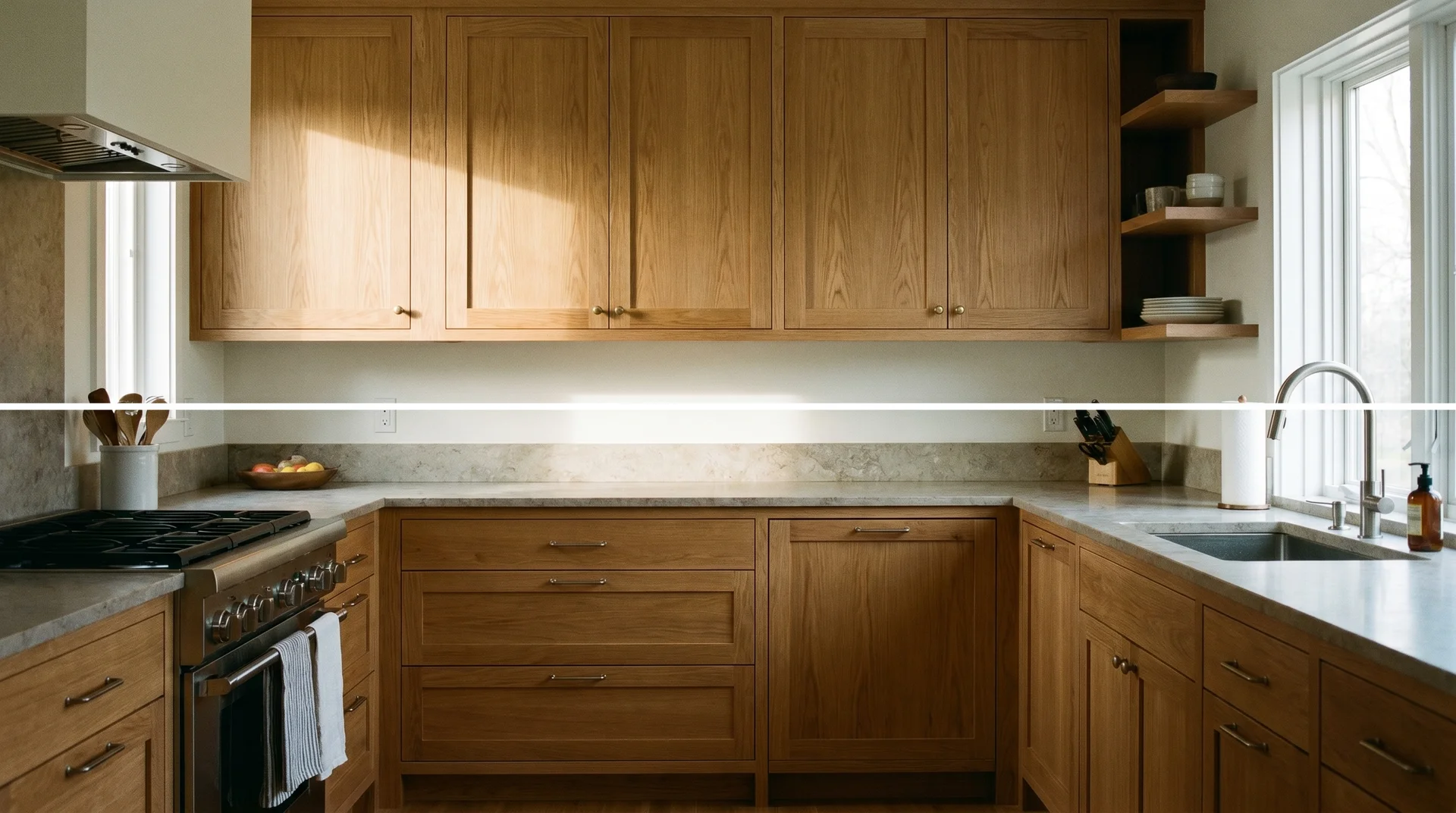 Kitchen showing knobs on upper cabinet doors and bar pulls on lower drawers in matching finish