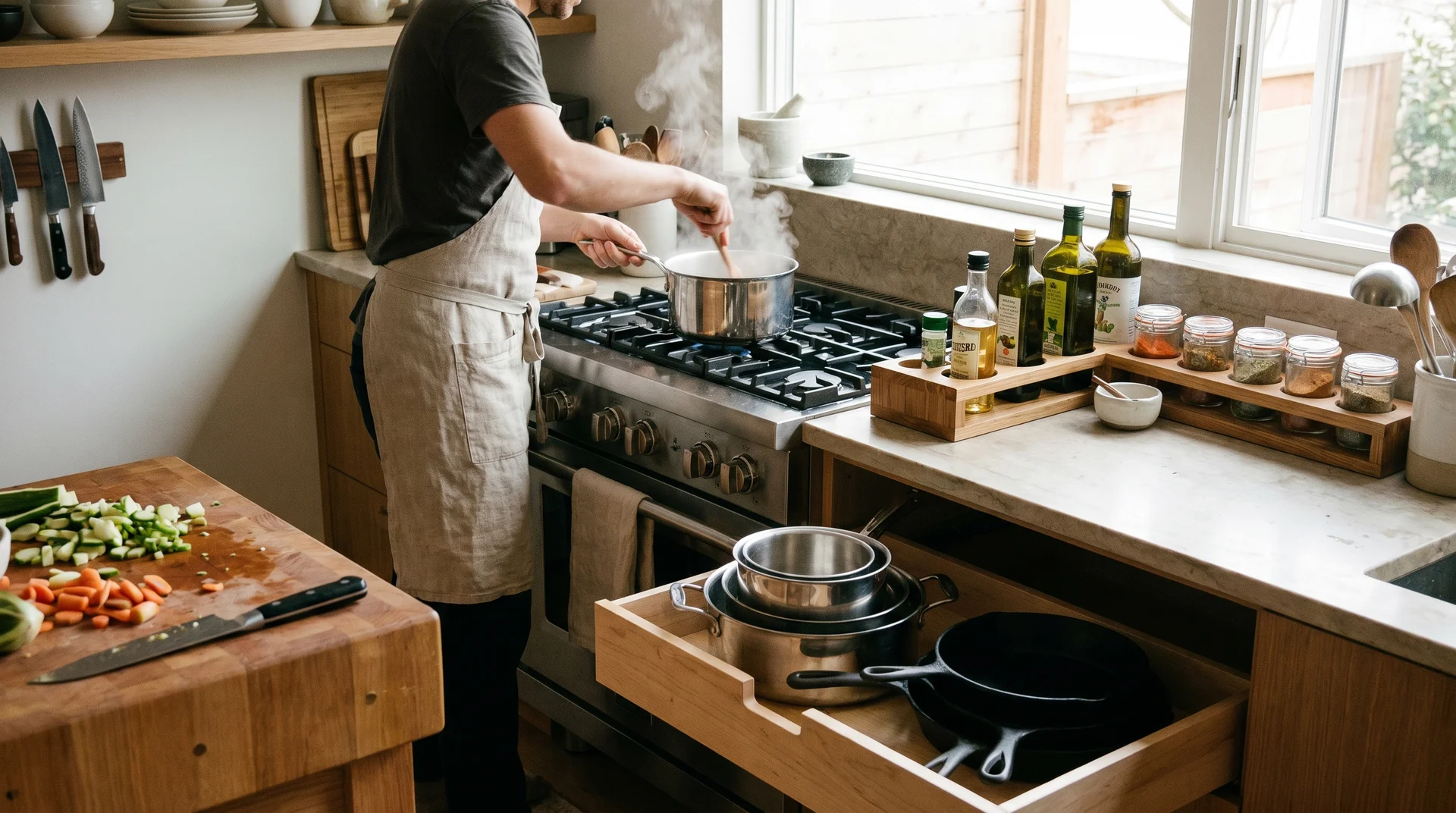 Kitchen storage organized around practical cooking workflow