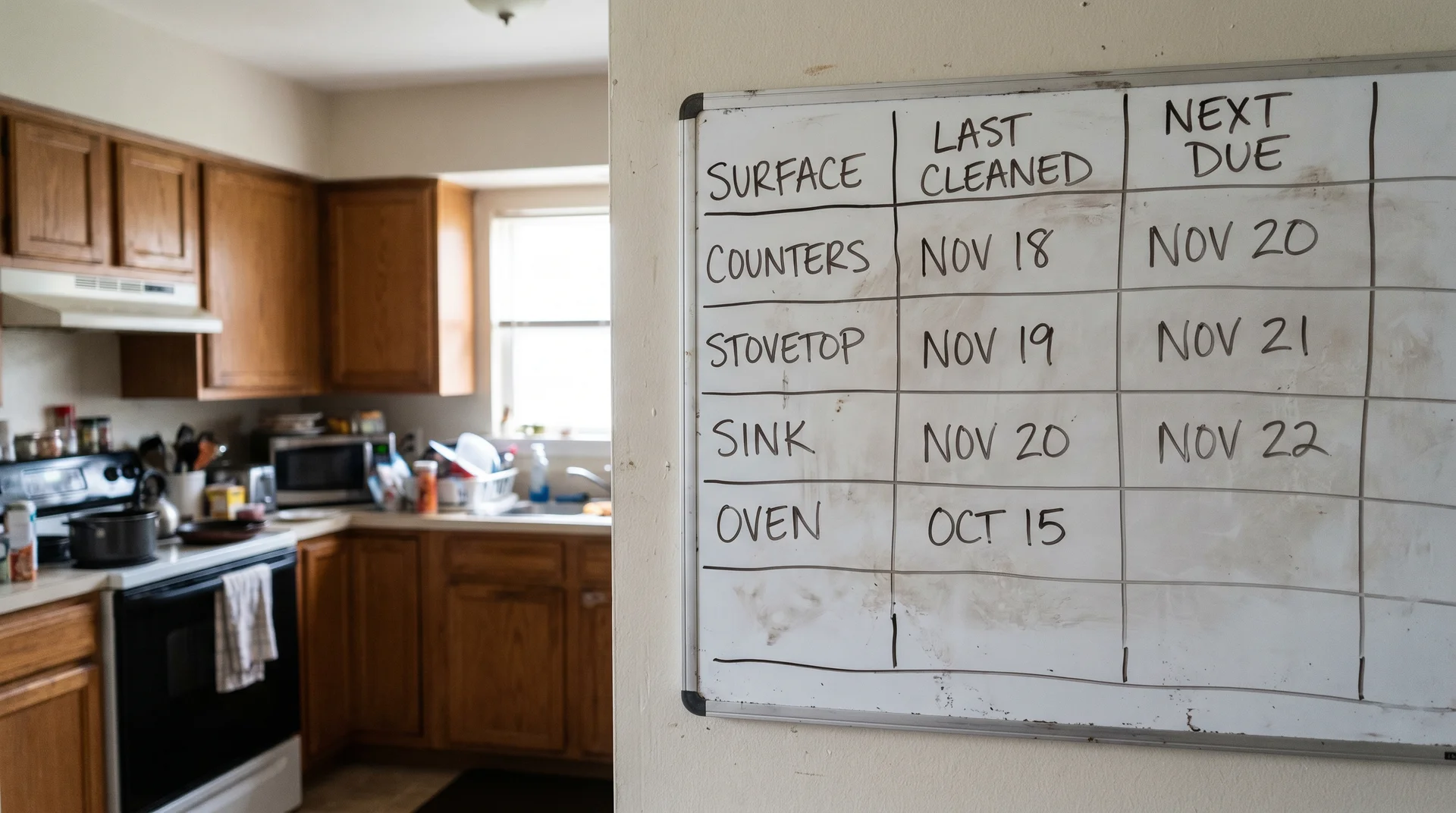Kitchen whiteboard tracking surface cleaning dates, with oven row showing the longest gap