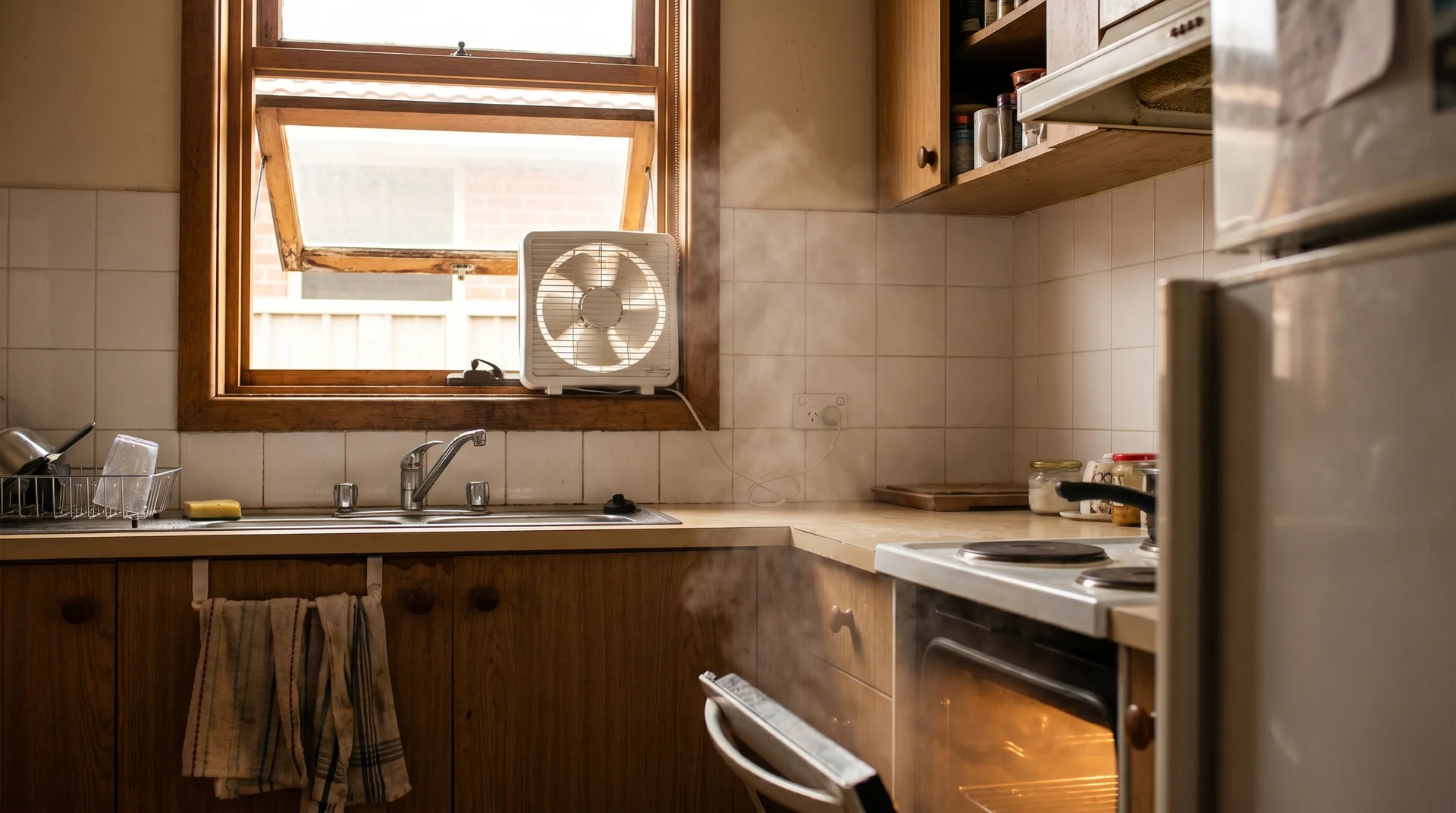 Kitchen window open above sink with oven door ajar and exhaust fan on counter, showing proper ventilation during oven cleaning
