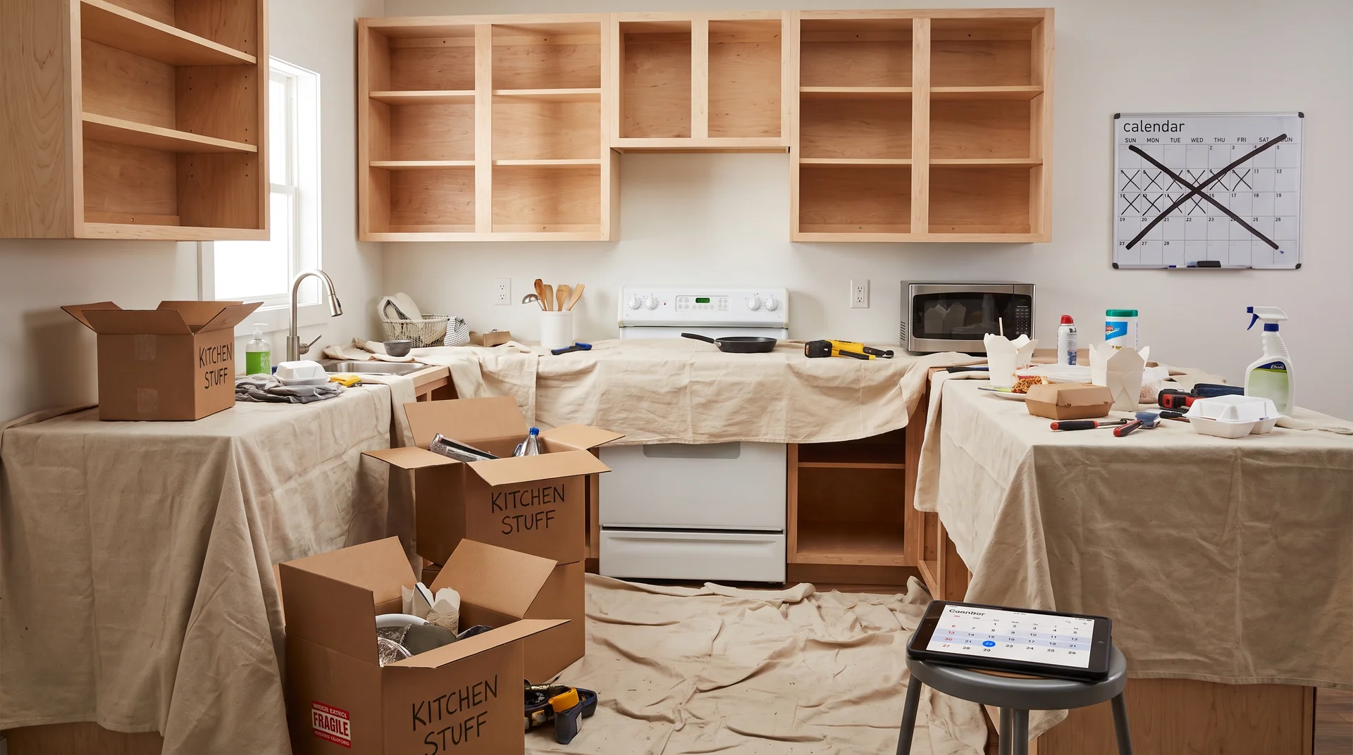 Kitchen with all cabinet doors removed and counters covered during a DIY painting project, kitchen non-functional