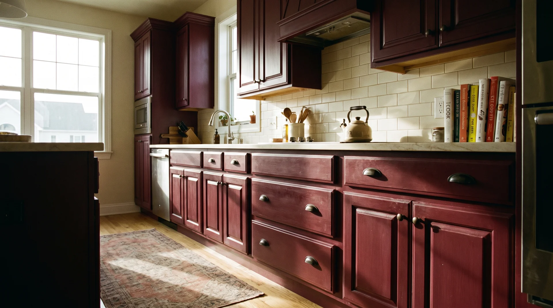 Kitchen with full-coverage burgundy upper and lower cabinets in strong natural light