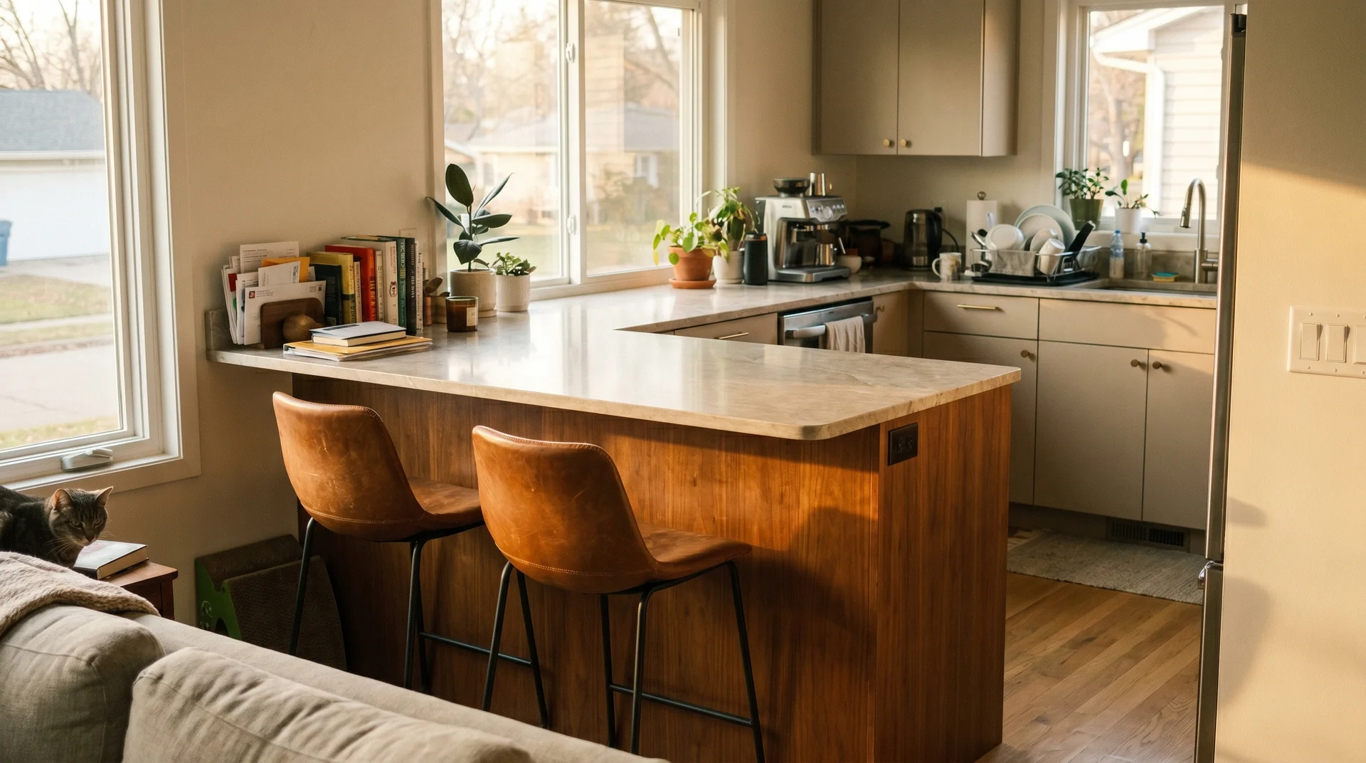L-shaped kitchen island defining the zone boundary between kitchen and living space in an open-plan layout
