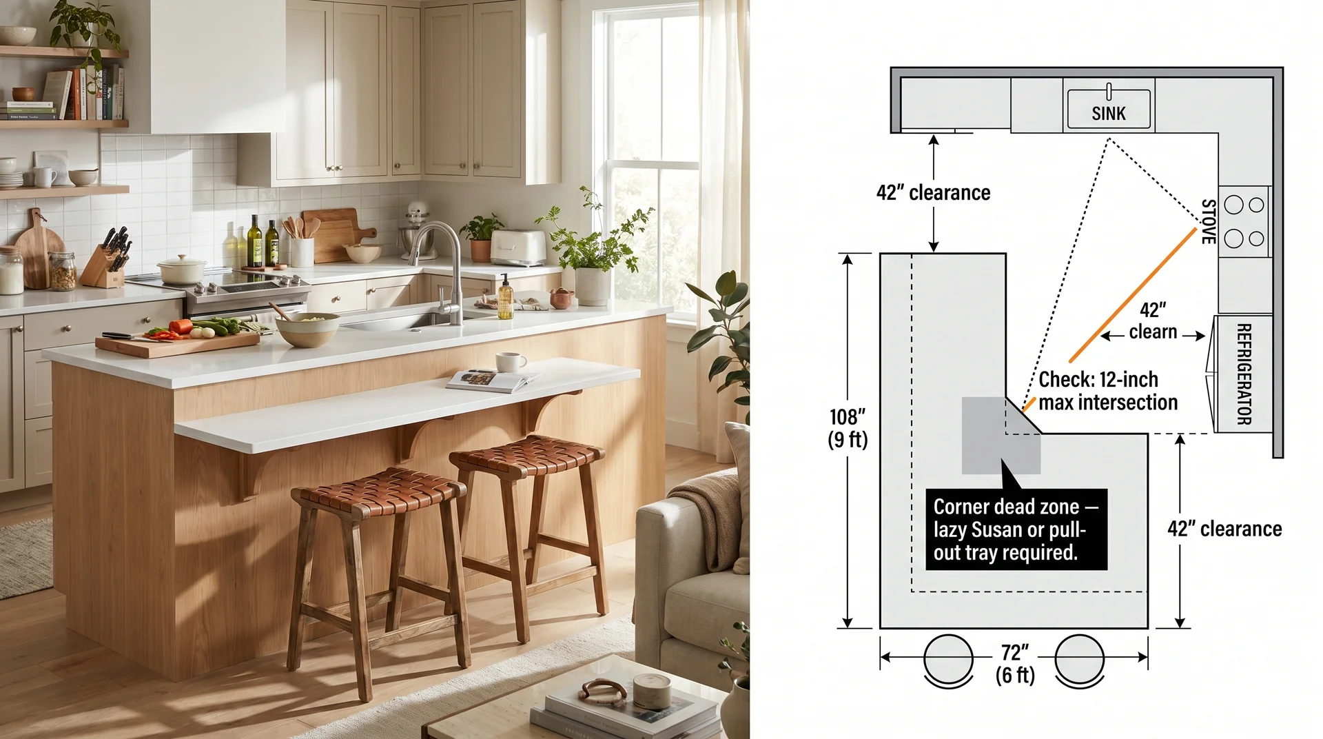 L-shaped kitchen island in an open-plan kitchen beside a floor plan showing corner dead zone and work triangle intersection check