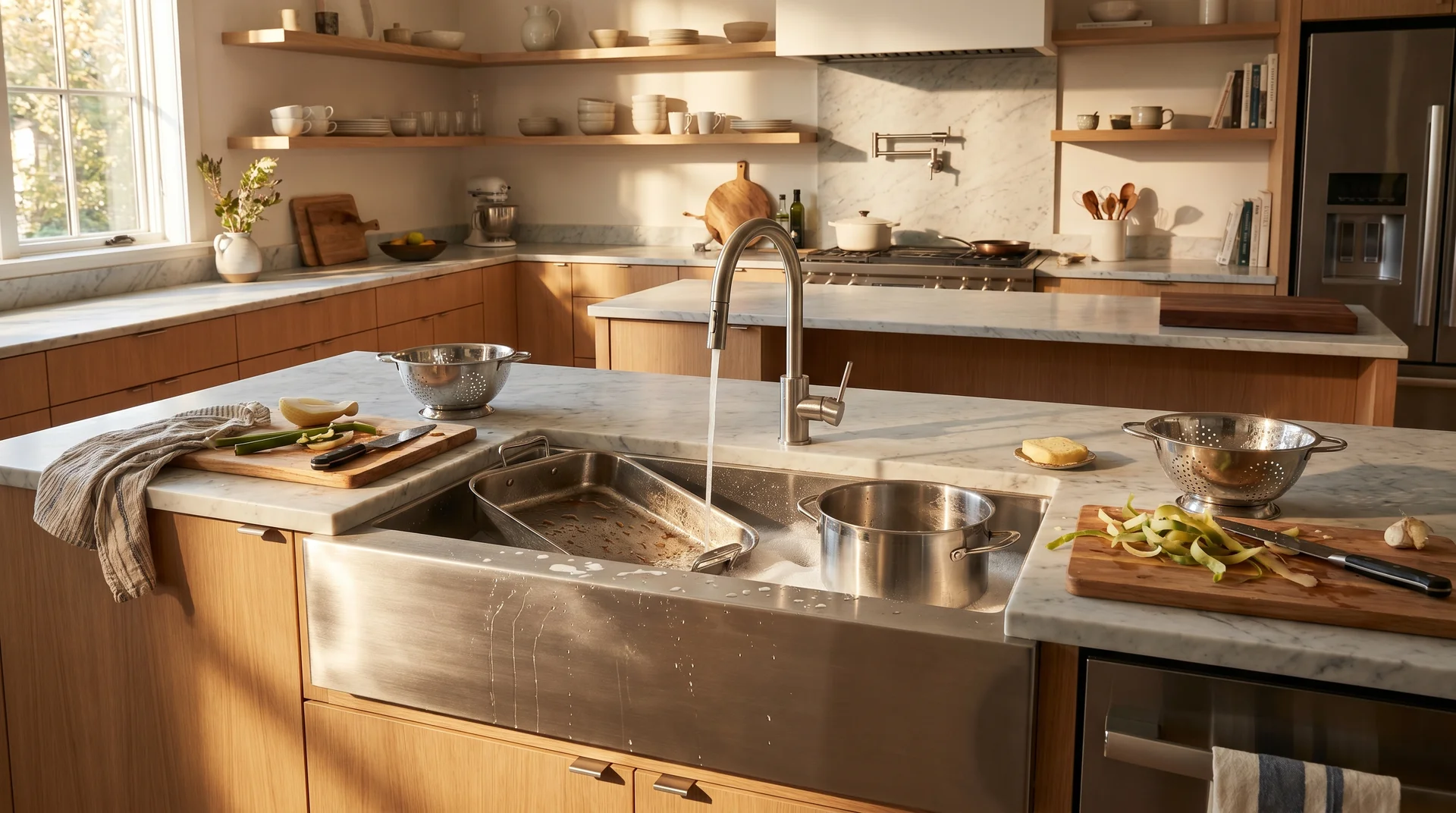 Large single-bowl drop-in sink holding oversized cookware