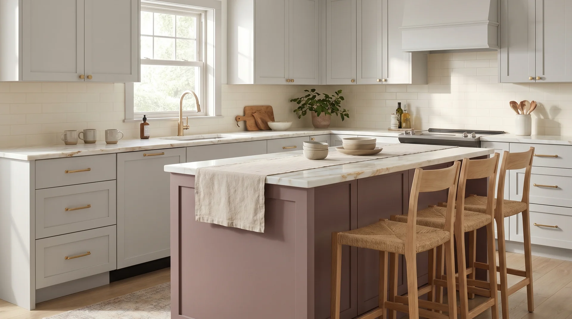 Light gray kitchen with a muted dusty blush island, natural brass hardware, white marble countertop, morning light