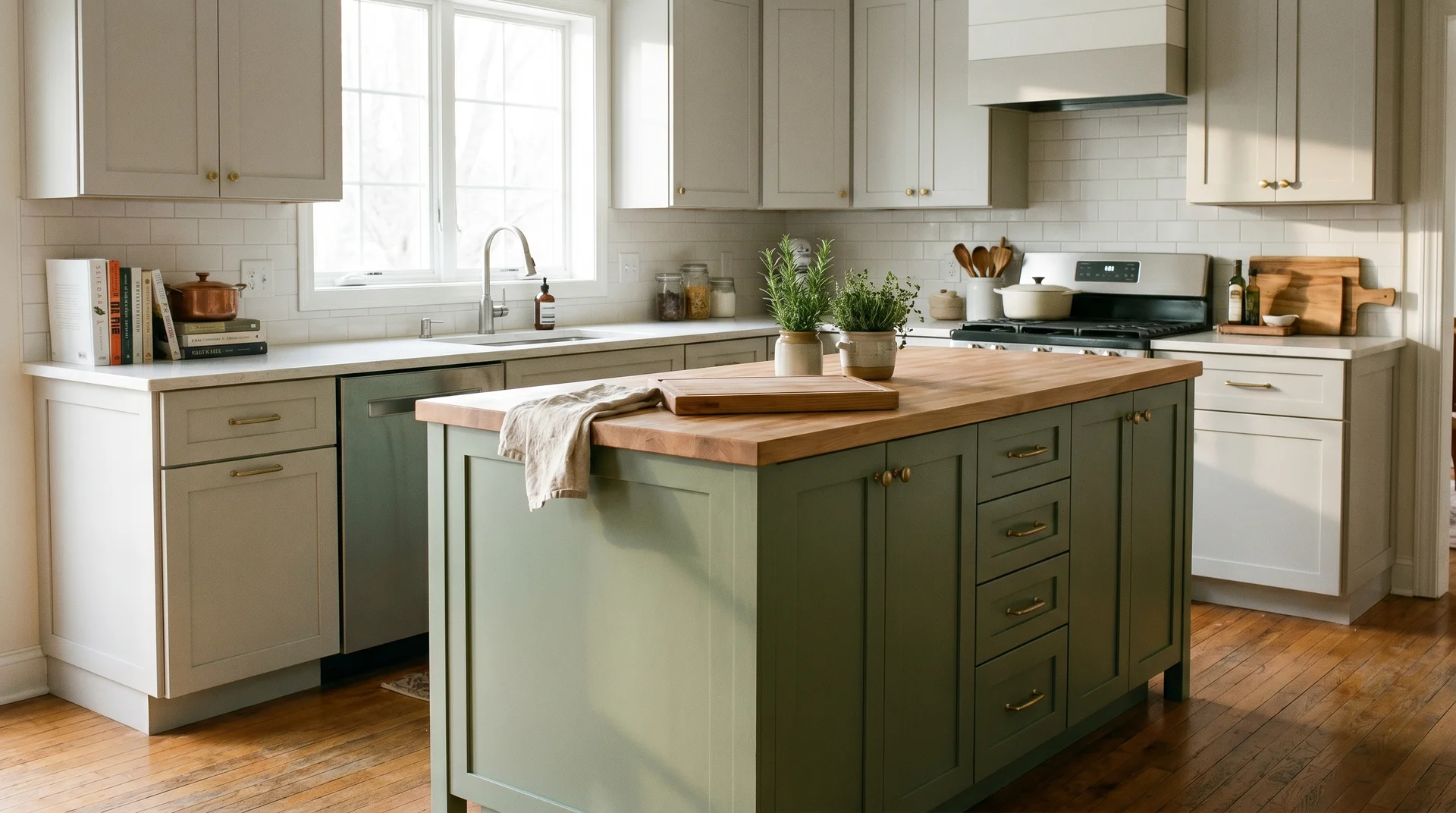 Light gray kitchen with a sage green island, brushed brass hardware, butcher block countertop, warm morning light