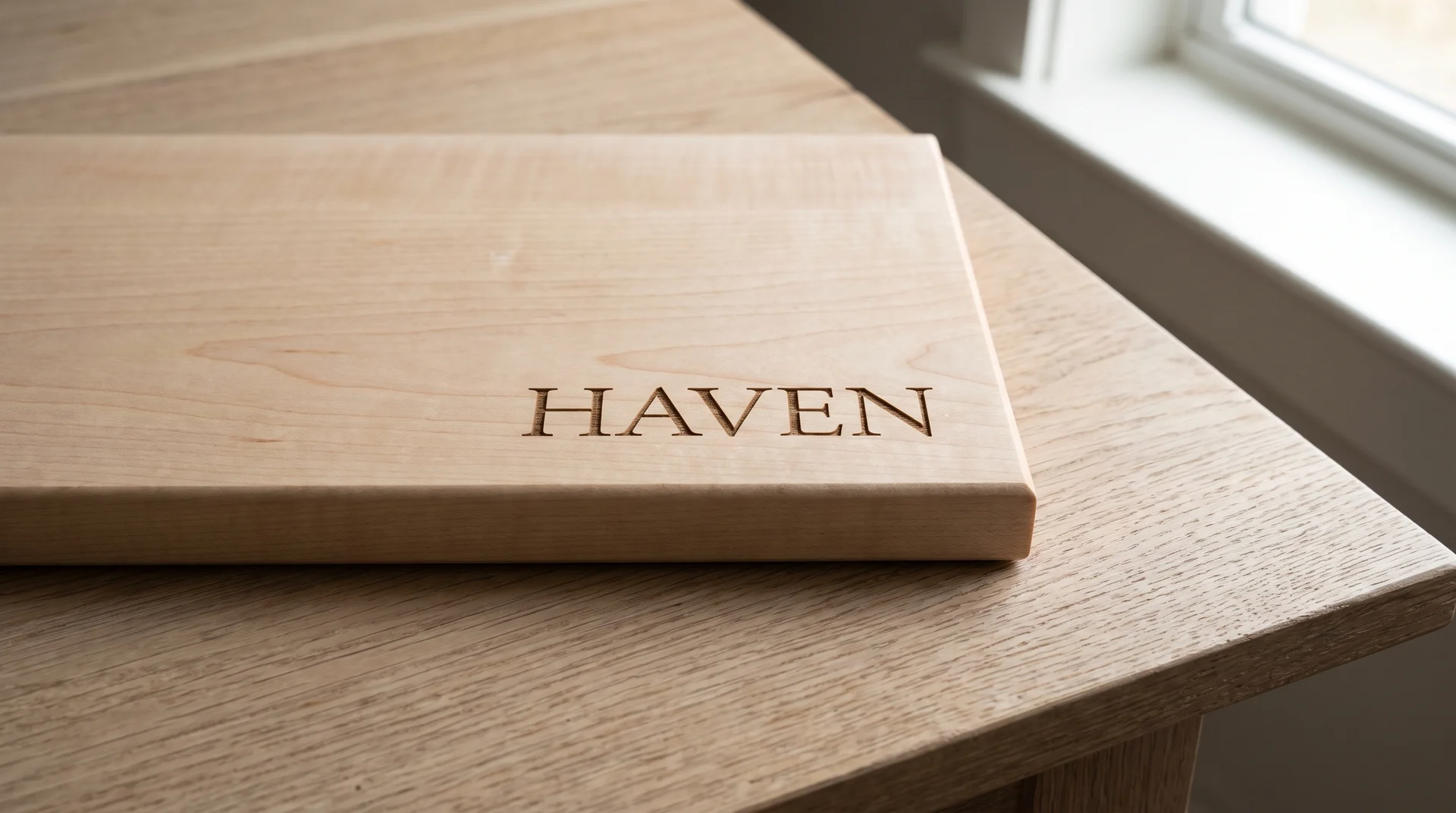 Light maple board with a single place name in clean serif type centered, white oak surface, diffused window light
