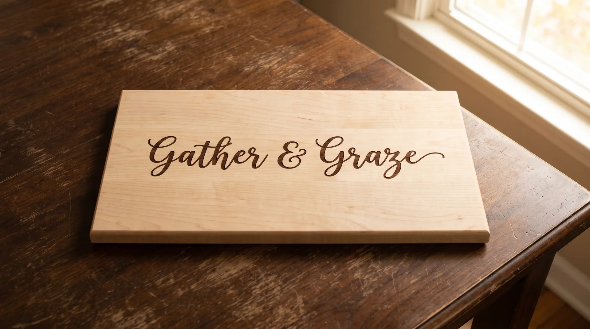 Light maple board with a single script hosting phrase centered, dark wood table, window light from right