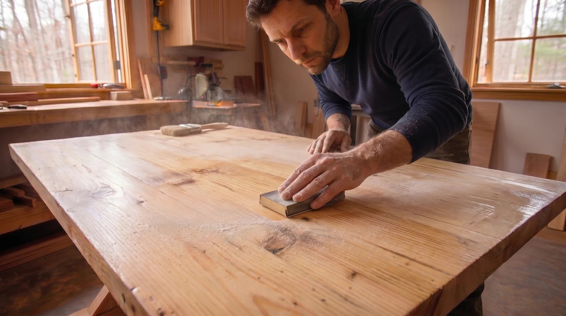 Light sanding between polyurethane coats on a dining table