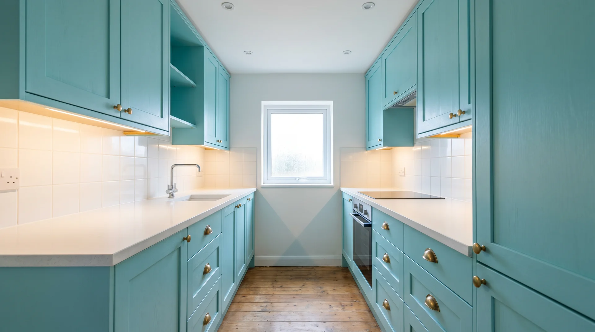 Light turquoise-teal Shaker cabinets in a small galley kitchen with limited natural light and white countertops