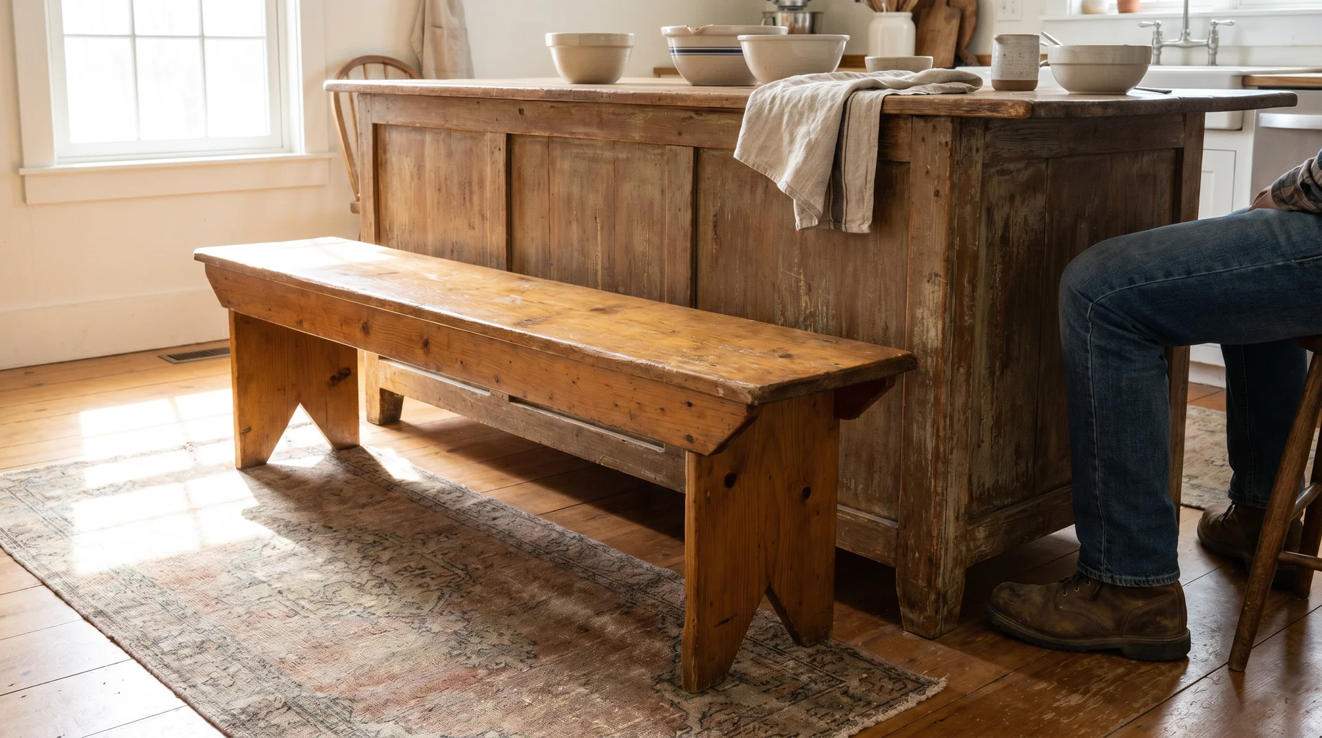 Long pine bench at the short end of a table-height farmhouse island showing correct knee clearance and leg positioning