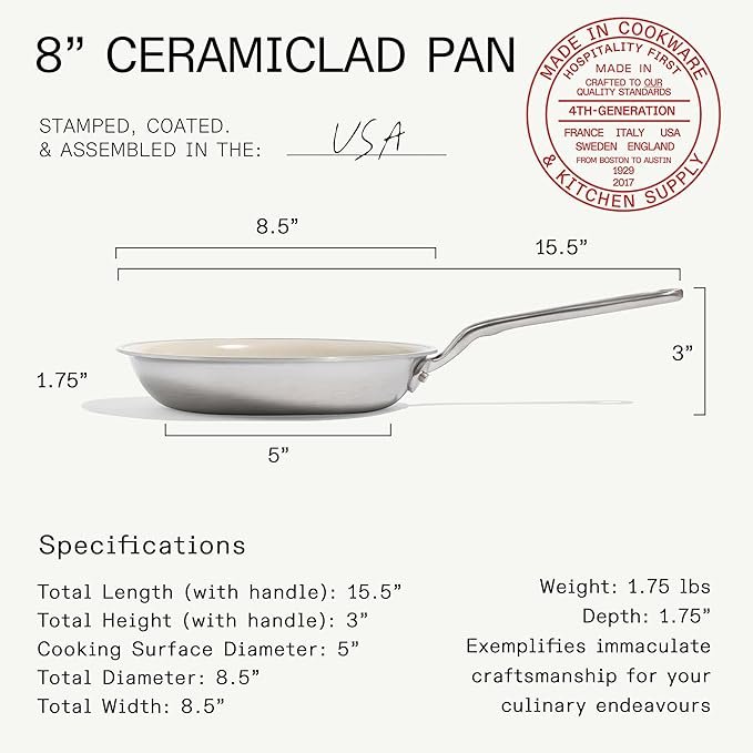 Made In Cookware - 8" Ceramic Non Stick Frying Pan (Discontinued CeramiClad 1.0) - 5-Ply Stainless Clad with Stay-Cool Handle - Professional Cookware - Crafted in USA - Induction Compatible