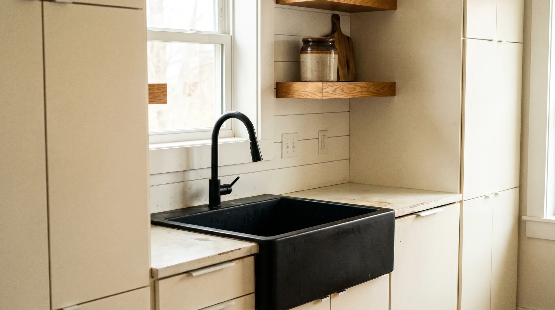 Matte black apron sink, oak floating shelf, and cream cabinets in a modern farmhouse kitchen