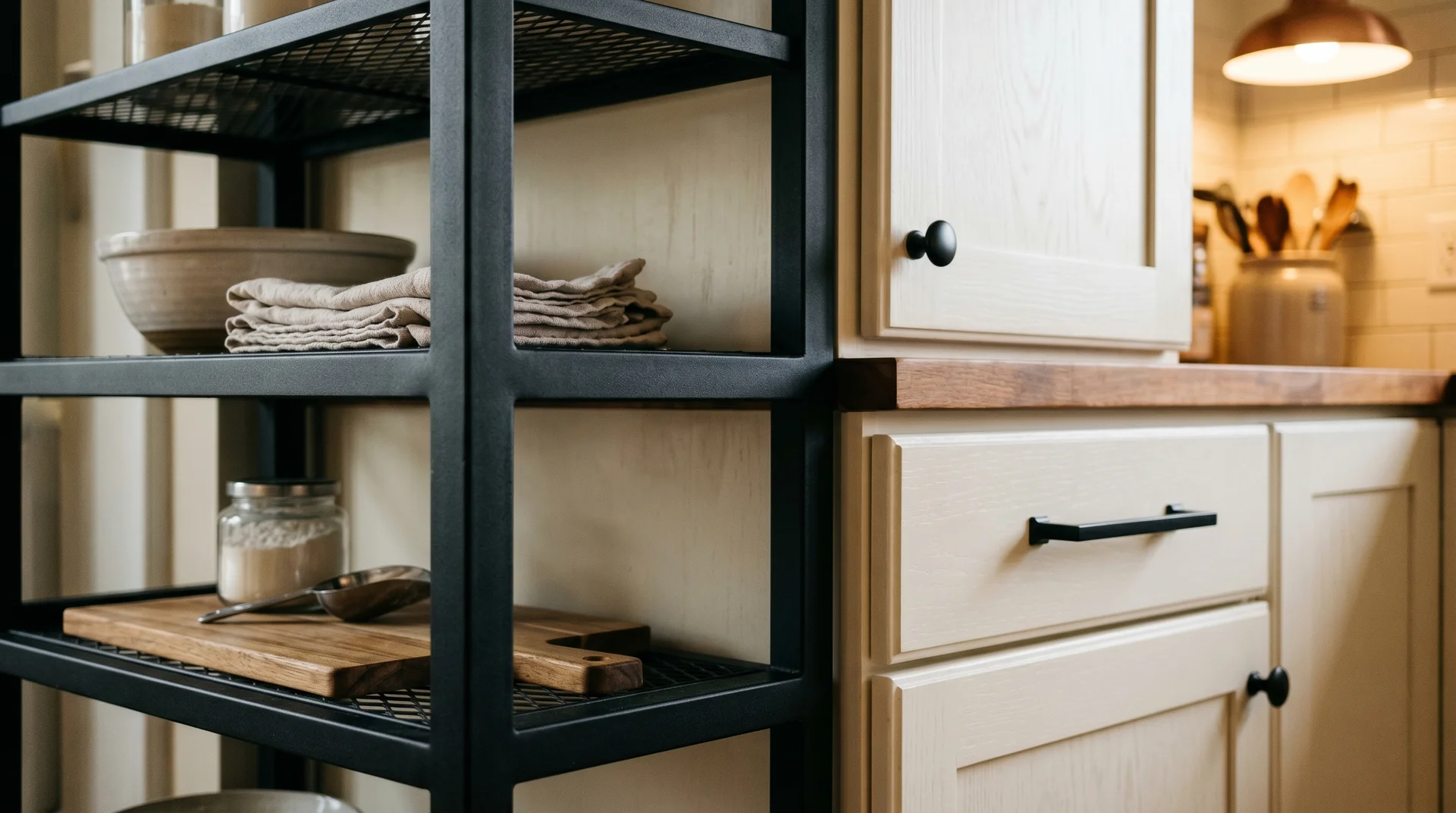 Matte black baker's rack frame aligned with matching cabinet hardware showing finish continuity in a real kitchen