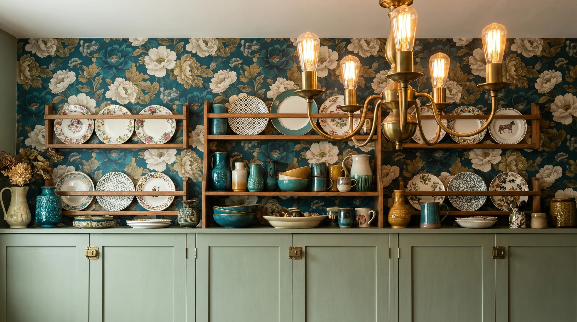 Maximalist kitchen with bold teal floral wallpaper, open shelving, and brass chandelier