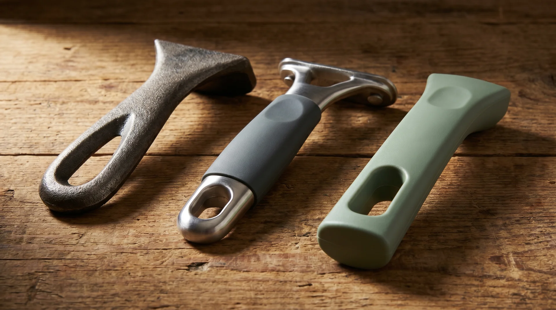 Metal, silicone-grip, and plastic pan handles side by side showing handle material differences