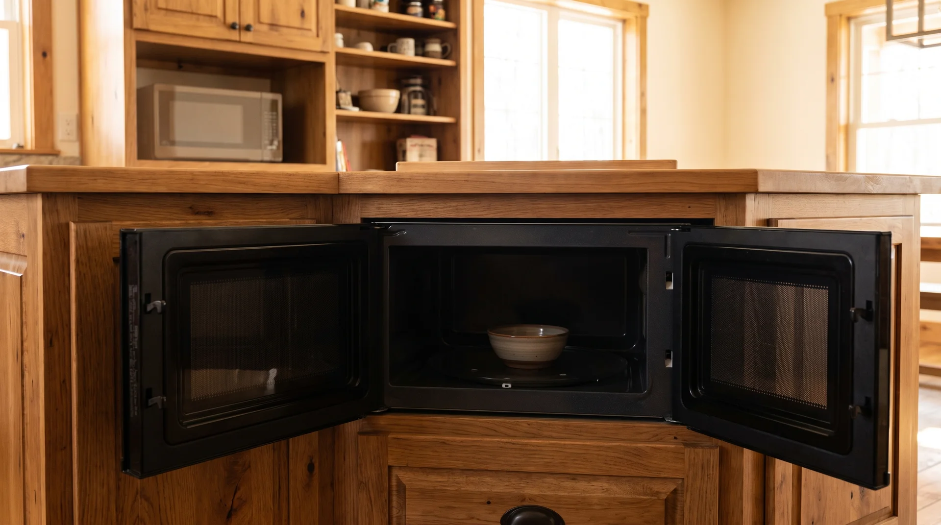 Microwave drawer pulled open in farmhouse island base showing clear countertop above and freed upper cabinet shelf behind