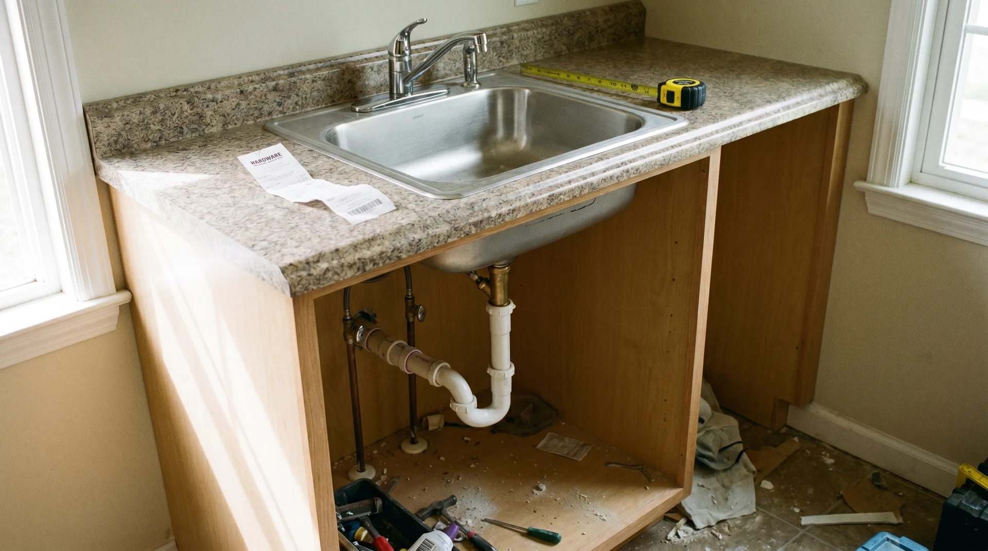Mid-range drop-in sink installation in a laminate kitchen showing plumbing connections below the cabinet