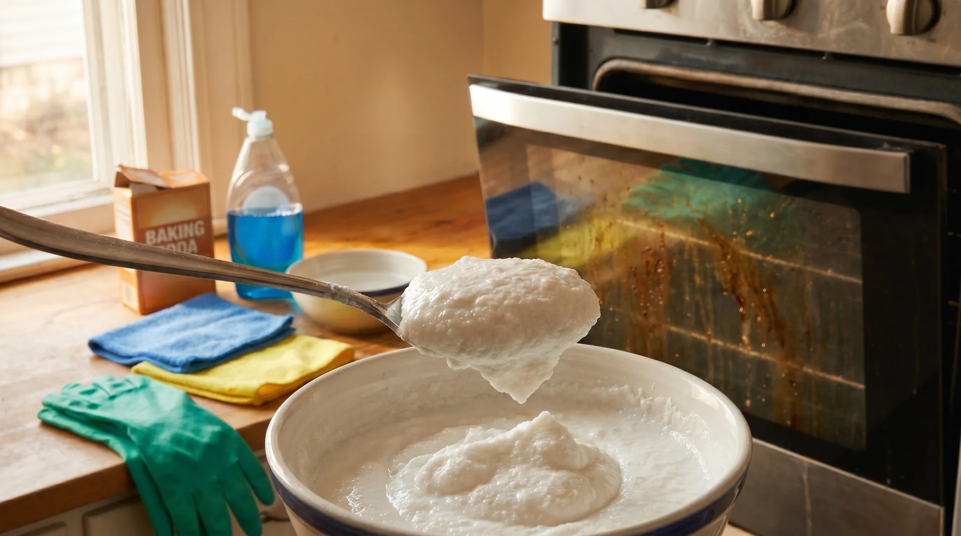 Mixing baking soda paste for natural oven cleaning