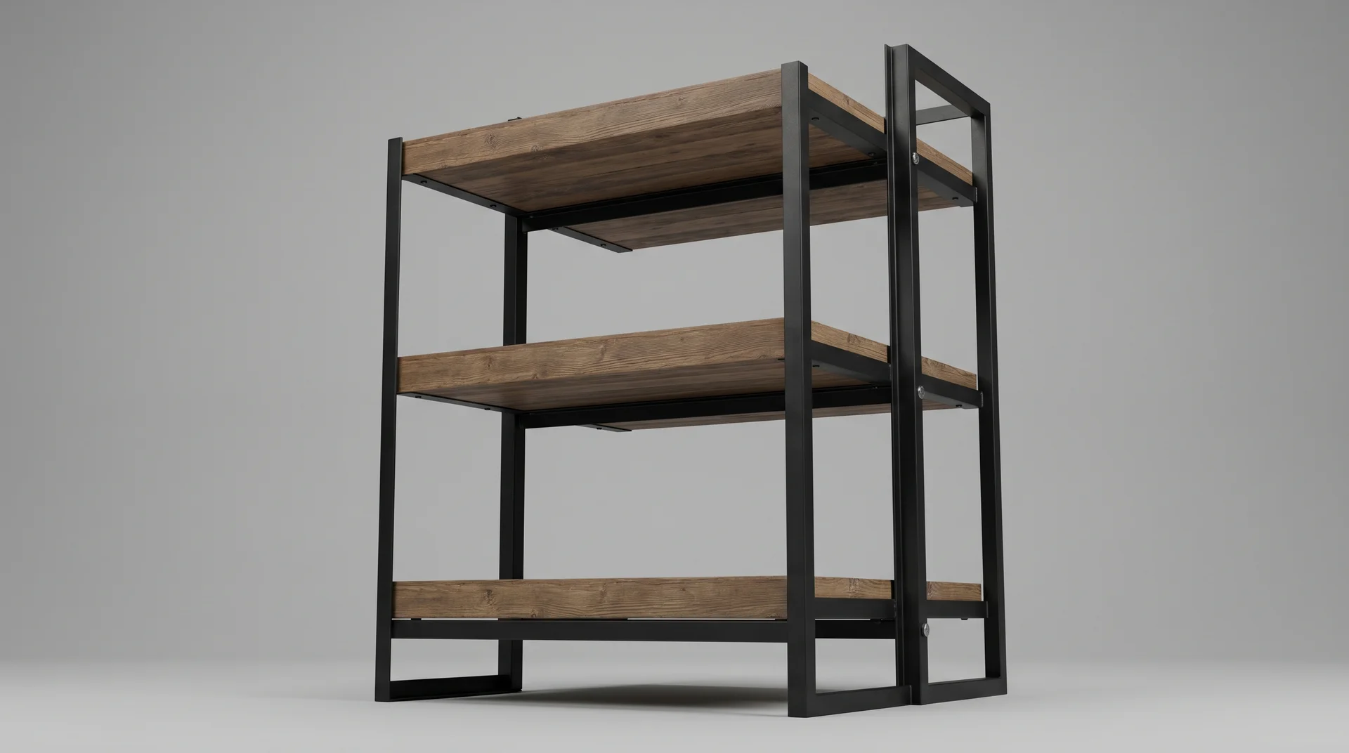Modern industrial baker's rack with metal frame and wood shelves on a neutral background