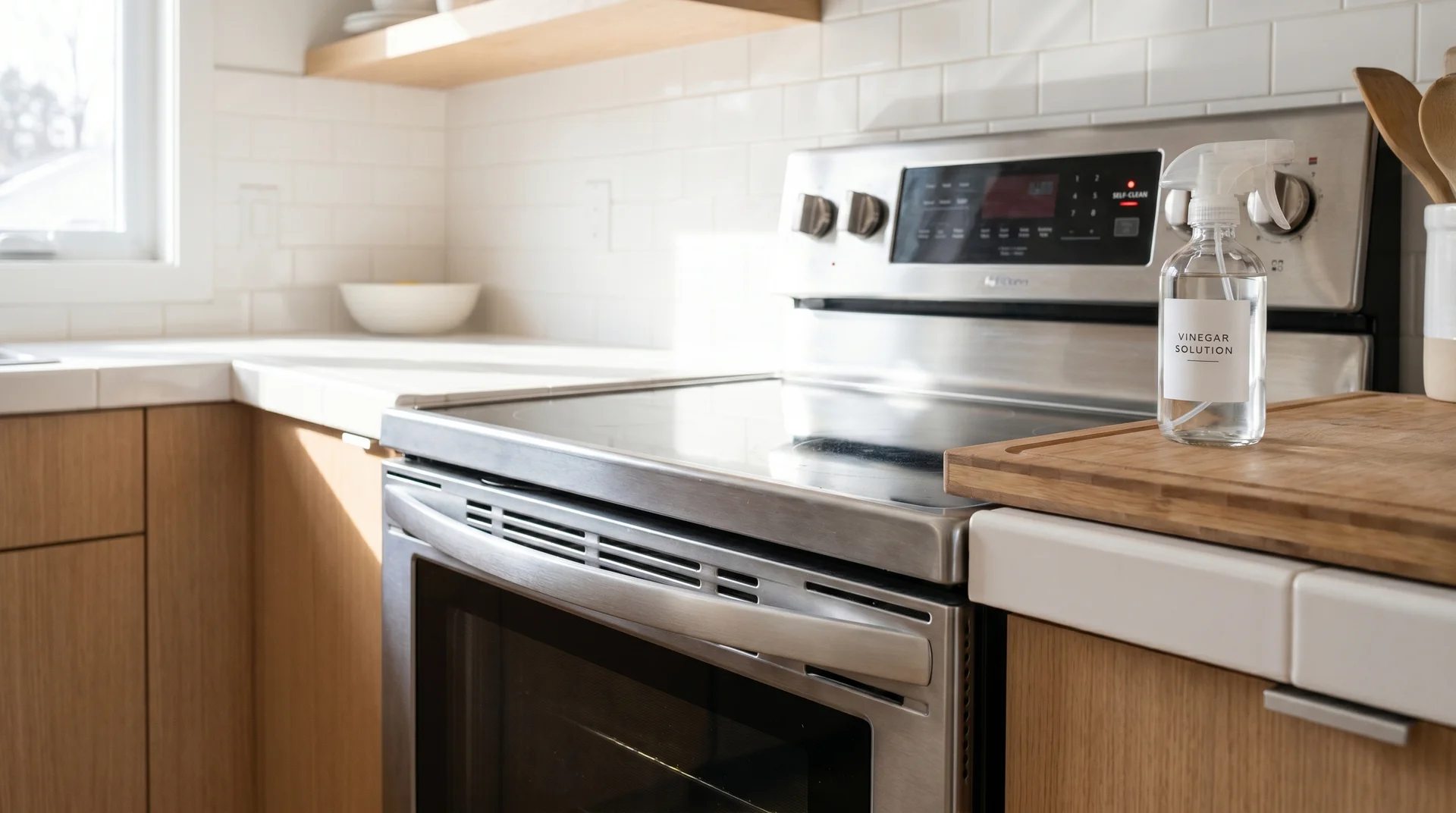 Modern self-cleaning oven with spray bottle of vinegar solution on stovetop