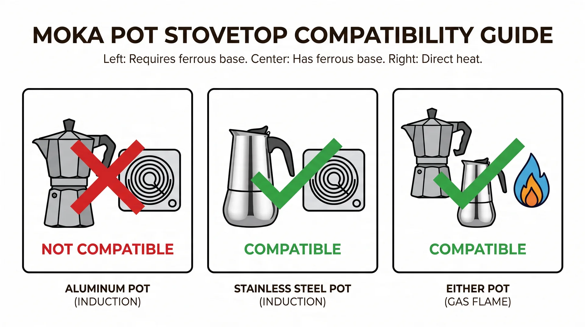 Moka pot stove compatibility chart showing aluminum versus stainless steel on induction and gas stoves
