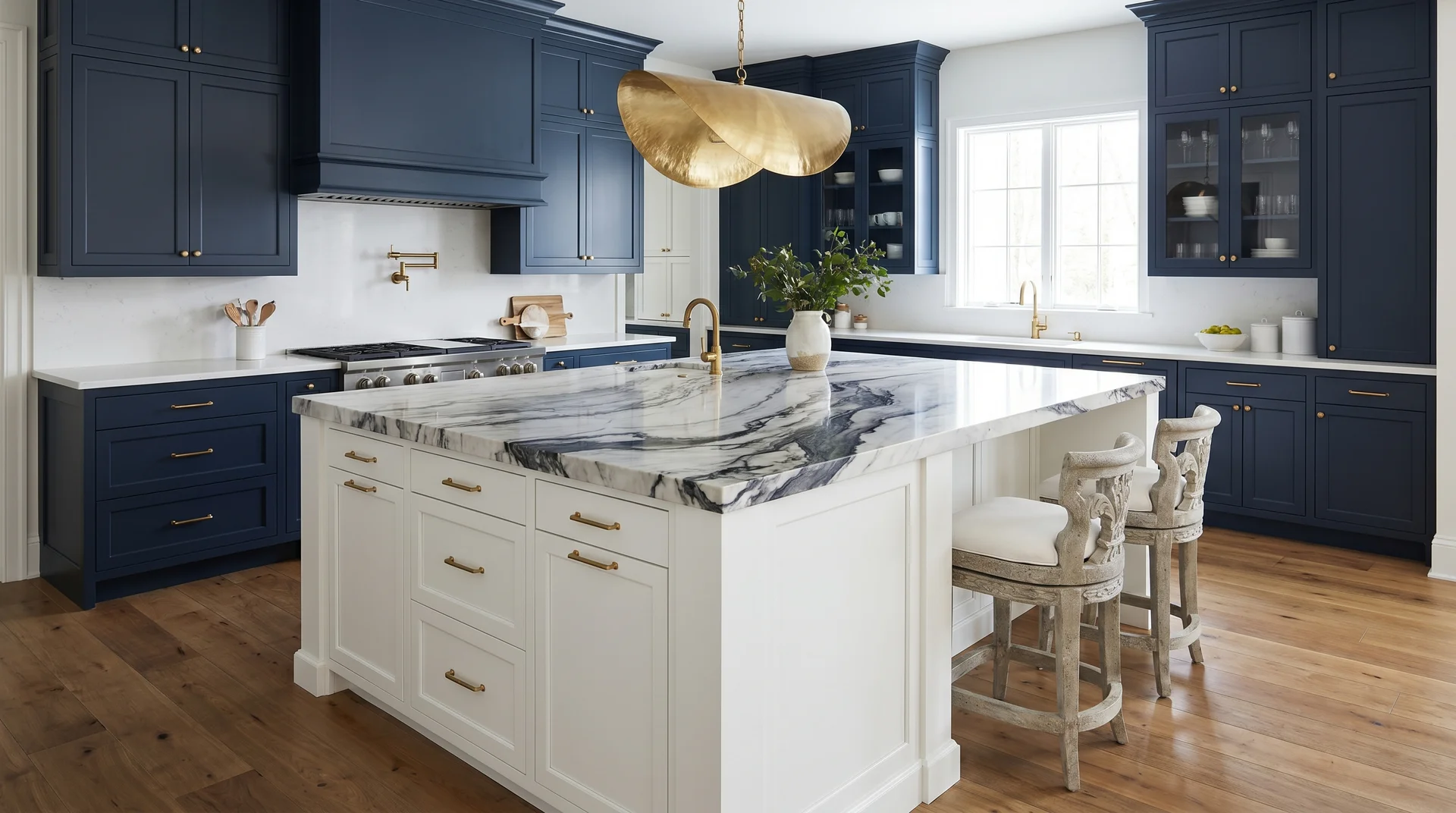 Navy kitchen cabinets with a white island differentiated by a marble countertop with strong veining, brass hardware, pendant light