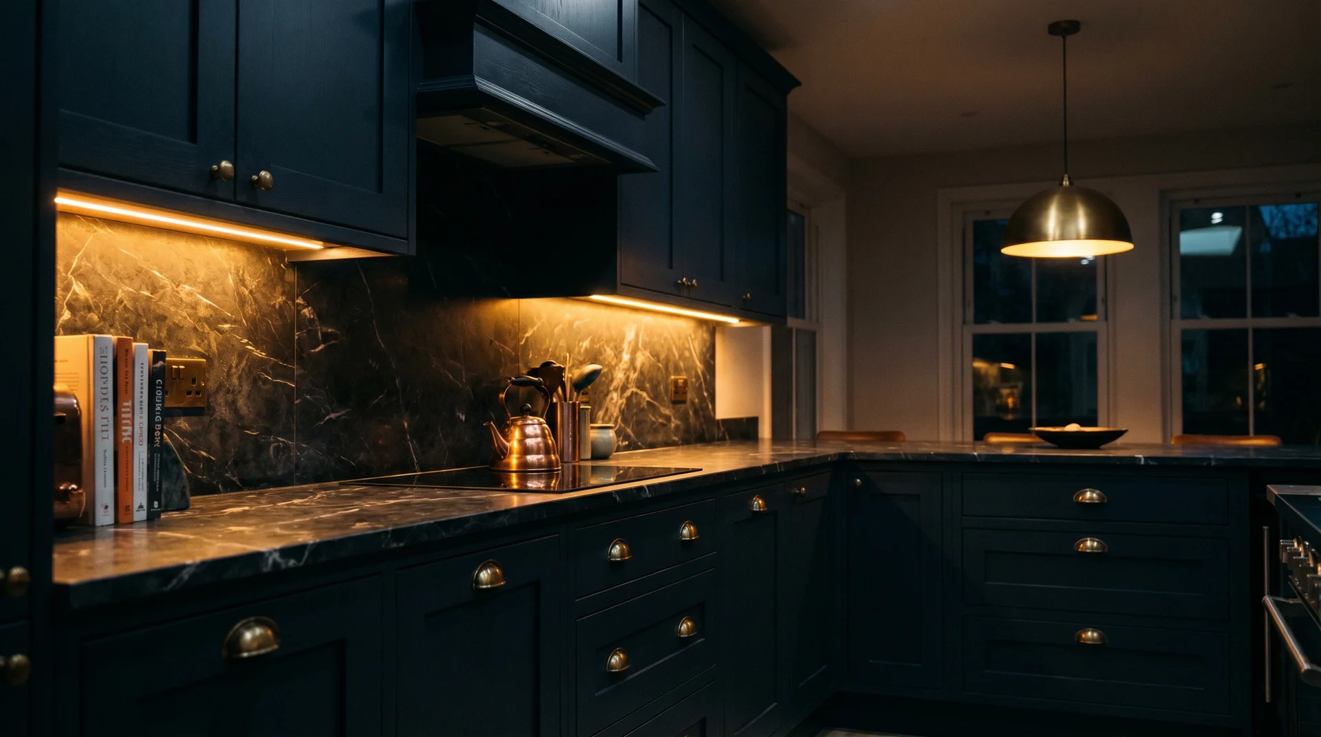 Navy shaker kitchen cabinets lit by warm under-cabinet LEDs and a brass pendant at evening