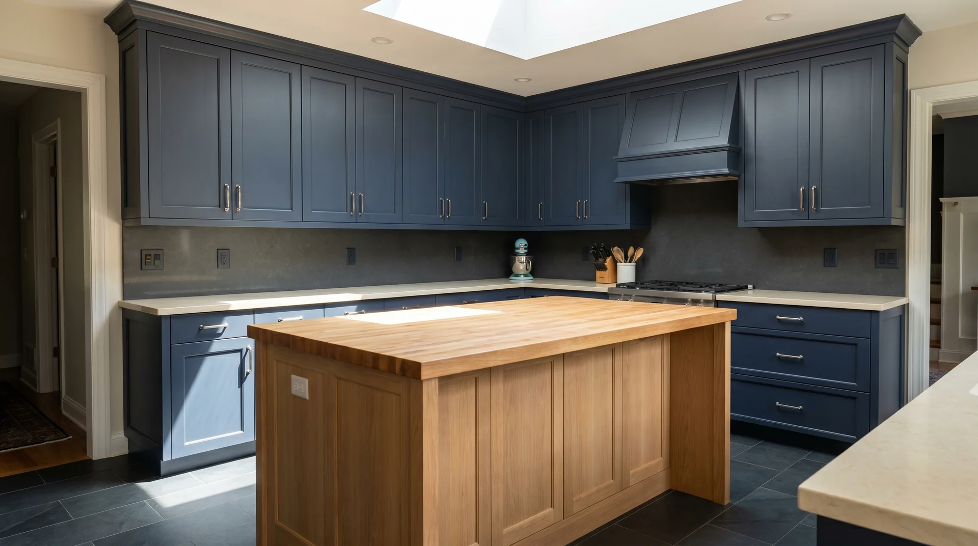 Navy upper cabinets with a blond white oak island, warm quartz perimeter countertop, butcher block island top, midday light
